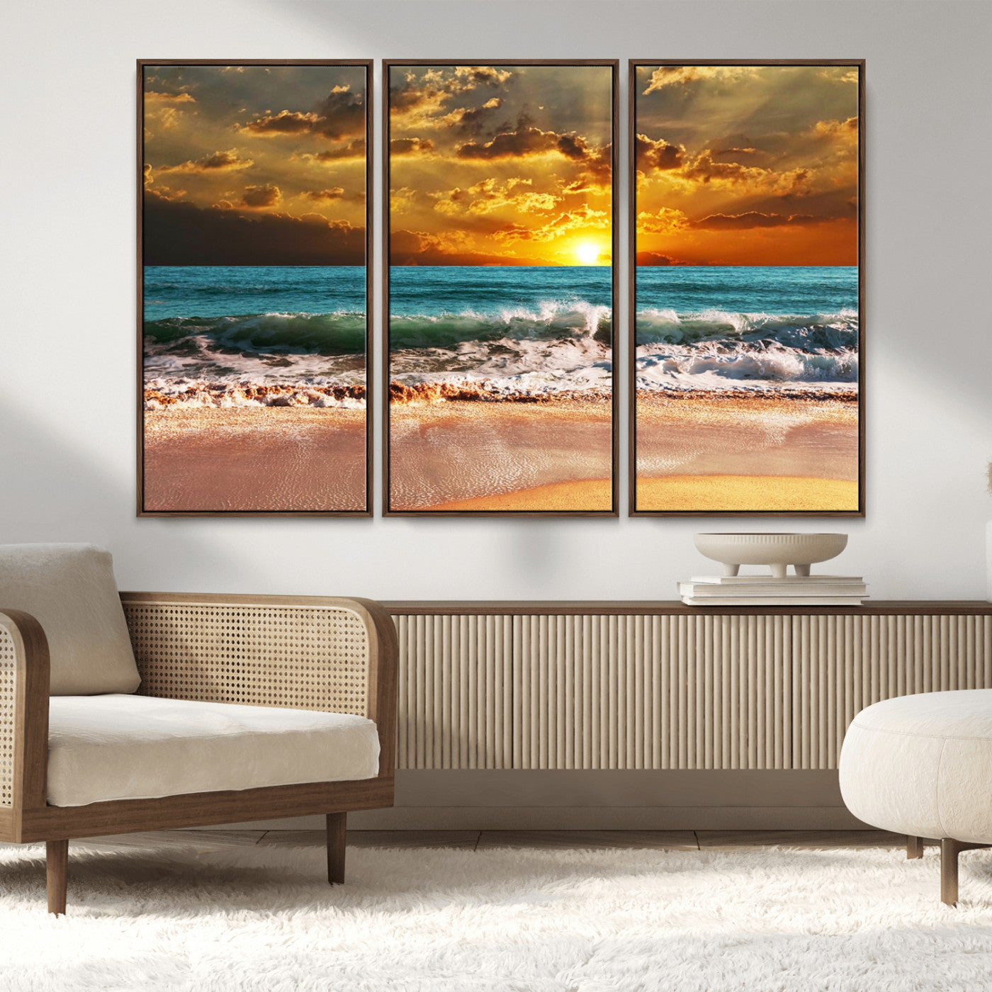 16495-MGV-CV-36X24-Golden Sunset Beach Canvas Wall Art – Triptych Seascape Print – Framed and Ready to Hang for Living