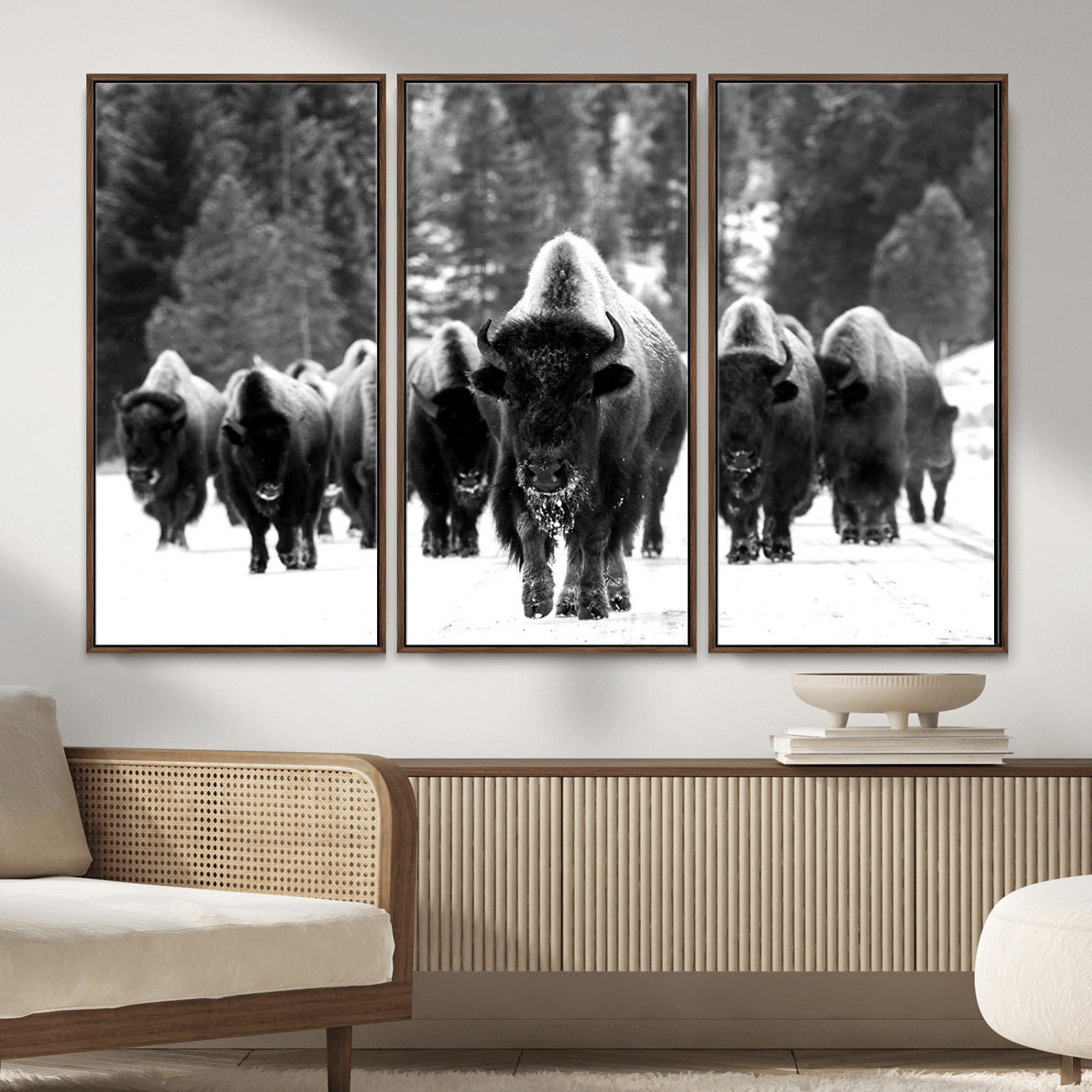 62434-MGV-CV-36X24 - Bison Herd in Snow Wall Art Canvas Print | Rustic Western Bison Wall Art for Decor for Living Room,