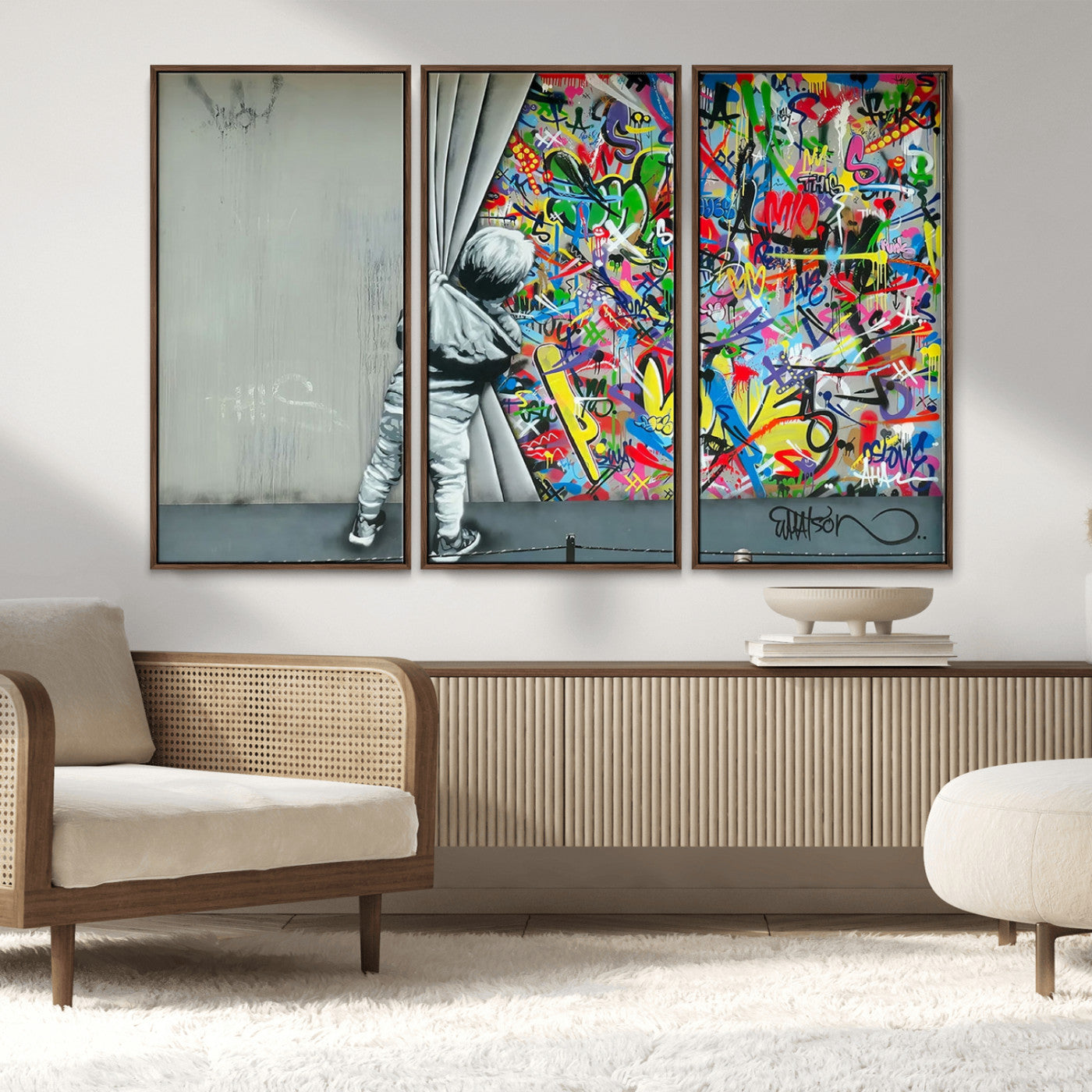 51713-MGV-CV-36X24-Banksy Colorful Street Graffiti Canvas Wall Art Print, Modern Art Triptych, Child and Graffiti Wall,