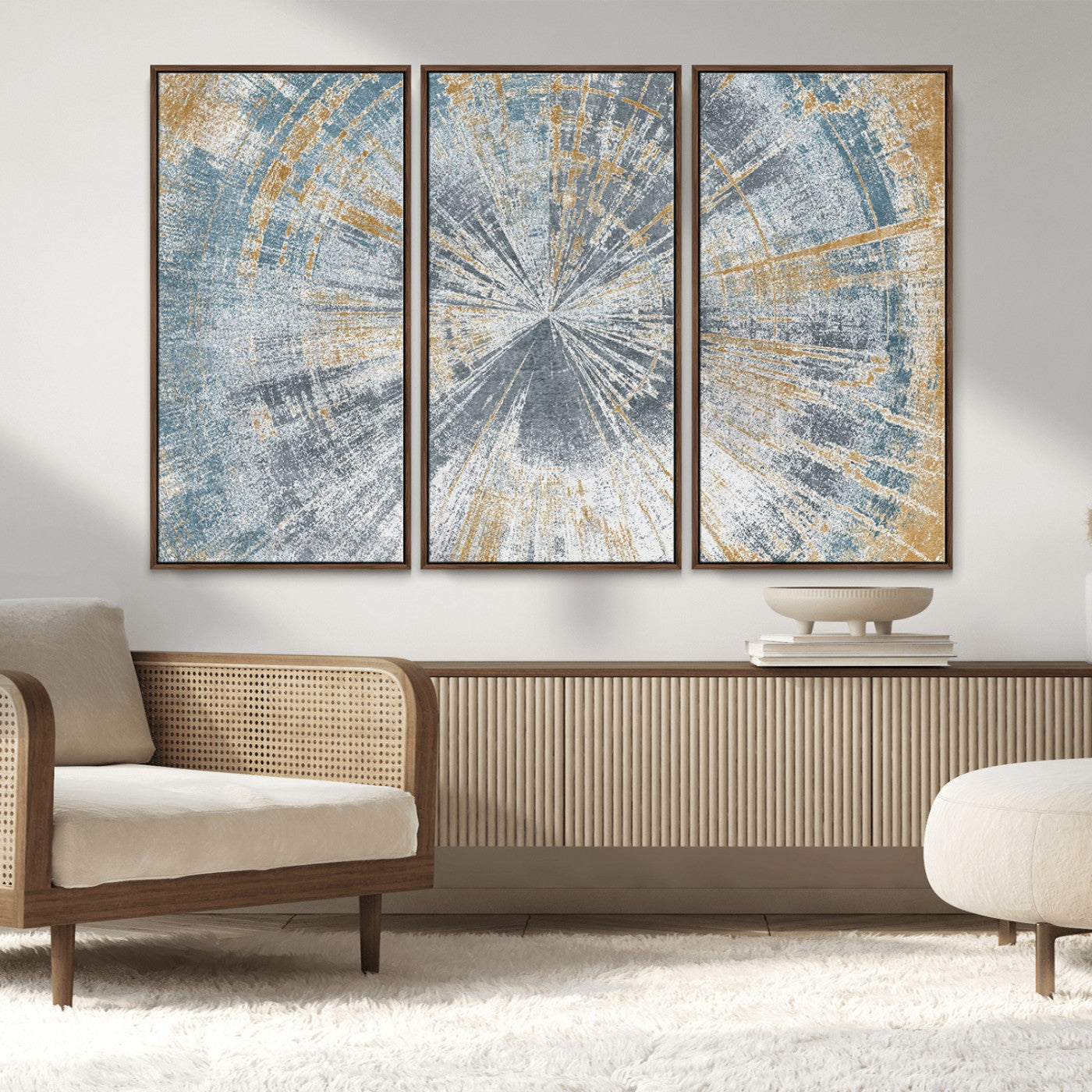 17631-MGV-FC-48X32-3P_Walnut-Radiant Abstract Wood Rings Canvas Art – Modern Triptych Wall Decor for Living Room or Farmhouse