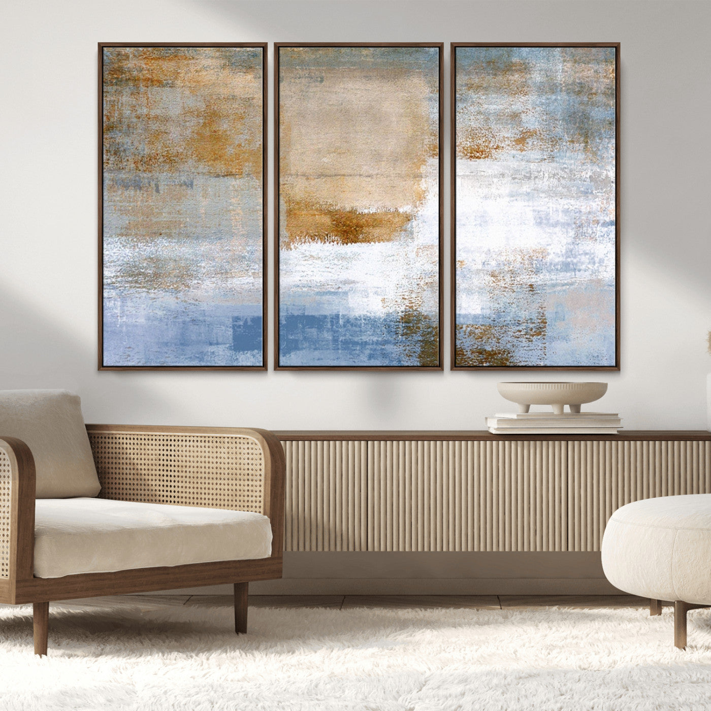 72354-MGV-FC-48X32-3P_Walnut-Blue Multi Panel Abstract Wall Art Canvas, Abstract Blue and Gold Canvas Print
