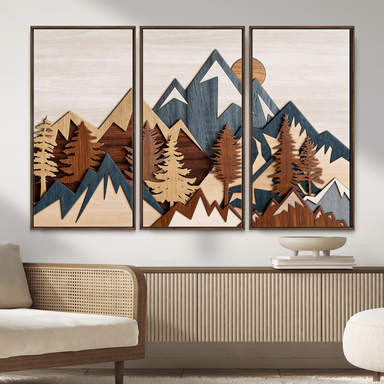 67950-MGV-CV-36X24 - Woodland Mountain Landscape Triptych, Giclee Canvas Art for Modern Home, Rustic Wooden Nature Wall
