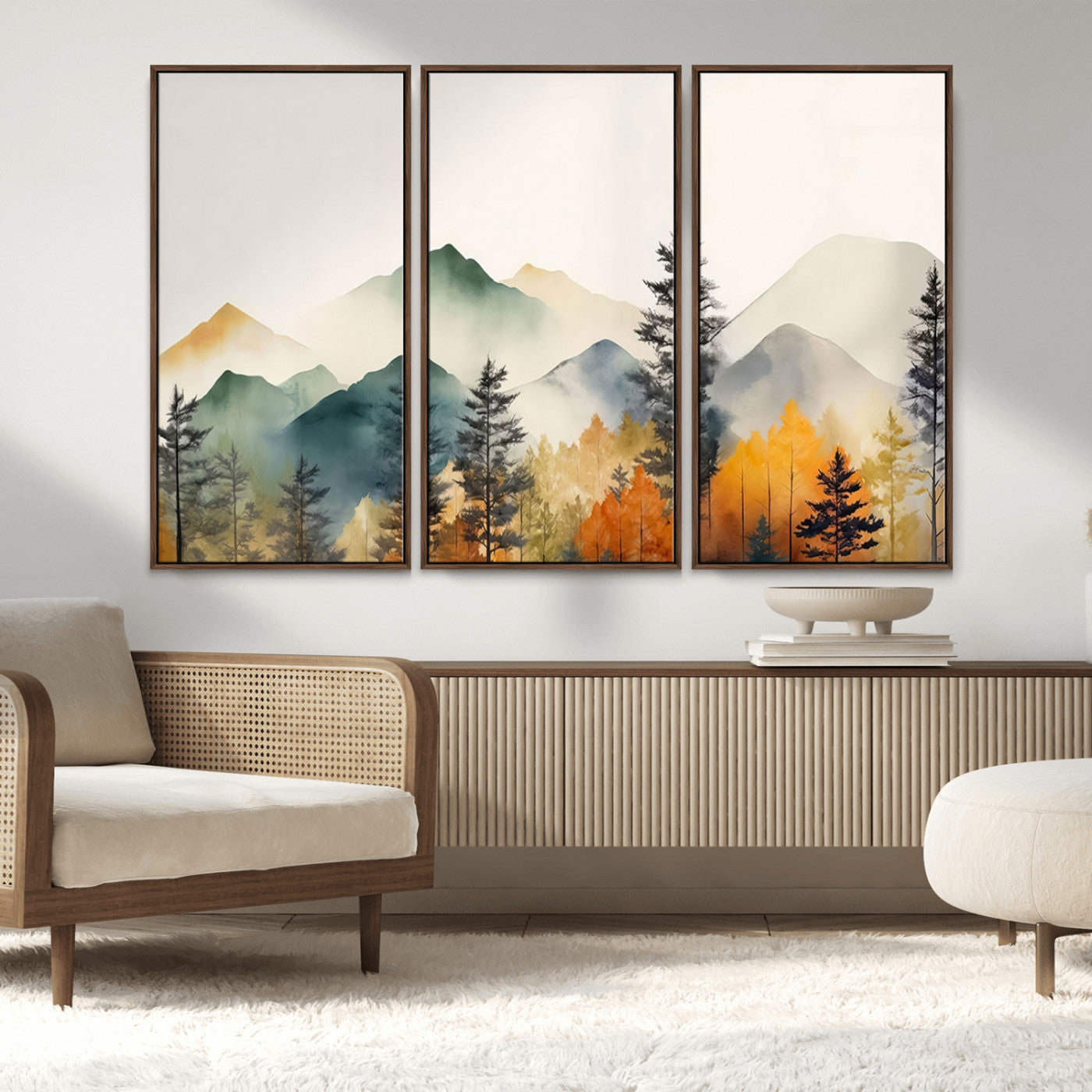 25689-MGV-FC-48X32-3P_Walnut-Abstract Watercolor Mountains and Trees Autumn Wall Art, Mountains and Trees Autumn Wall Art Canvas