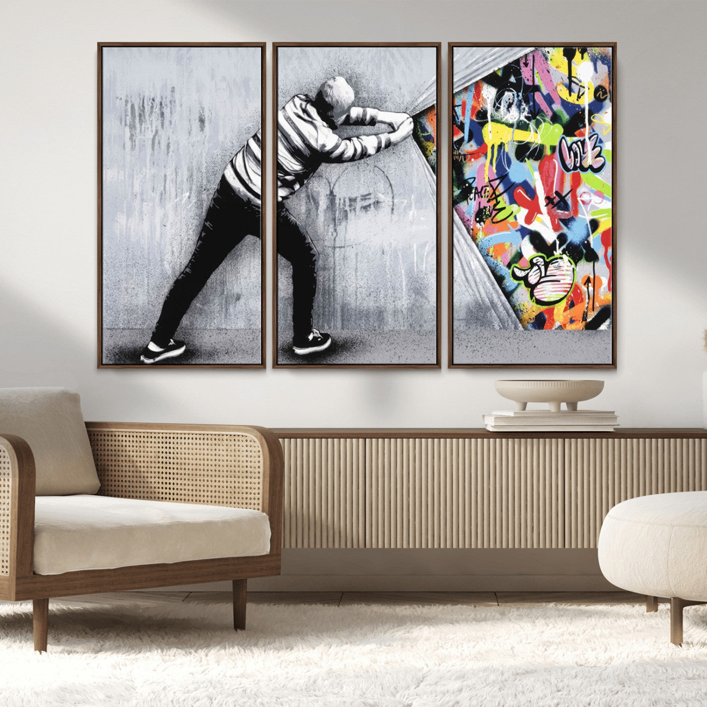 52252-MGV-CV-36X24-Banksy Art Behind the Curtain Street Wall Art Canvas Print | 3-Panel Urban Graffiti-Inspired Wall