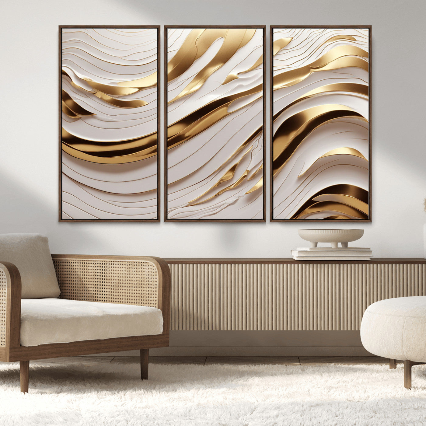 81197-MGV-FC-48X32-3P_Walnut-Gold and White Abstract Wave Canvas – Elegant Flowing Design with Luxurious Golden Accents –