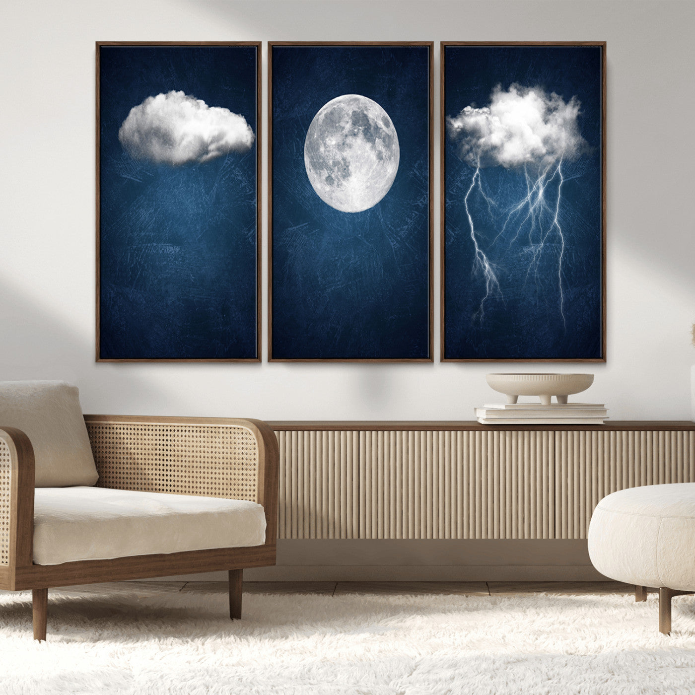 96569-MGV-FC-48X32-3P_Walnut-Dark Blue Cloud Art, 3 Piece Indigo Blue Wall Art, Aesthetic Surreal Art, Thunderstorm Moon Cloud