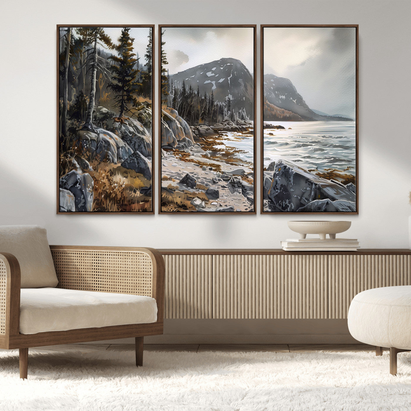 41281-MGV-FC-48X32-3P_Walnut-Serene Coastal View of Acadia National Park - Stunning 3-Panel Wall Art Canvas Print, Framed, Ready