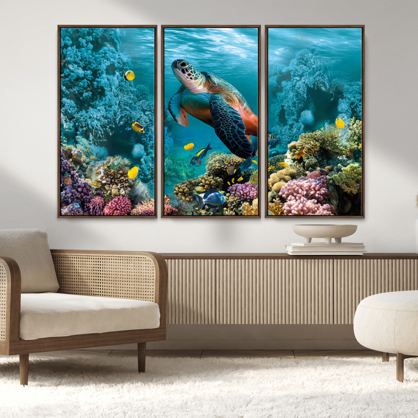 38661-MGV-FC-48X32-3P_Walnut-Sea Turtle and Coral Reef Triptych Wall Art – Vibrant Underwater Scene Canvas Set for Ocean Lovers