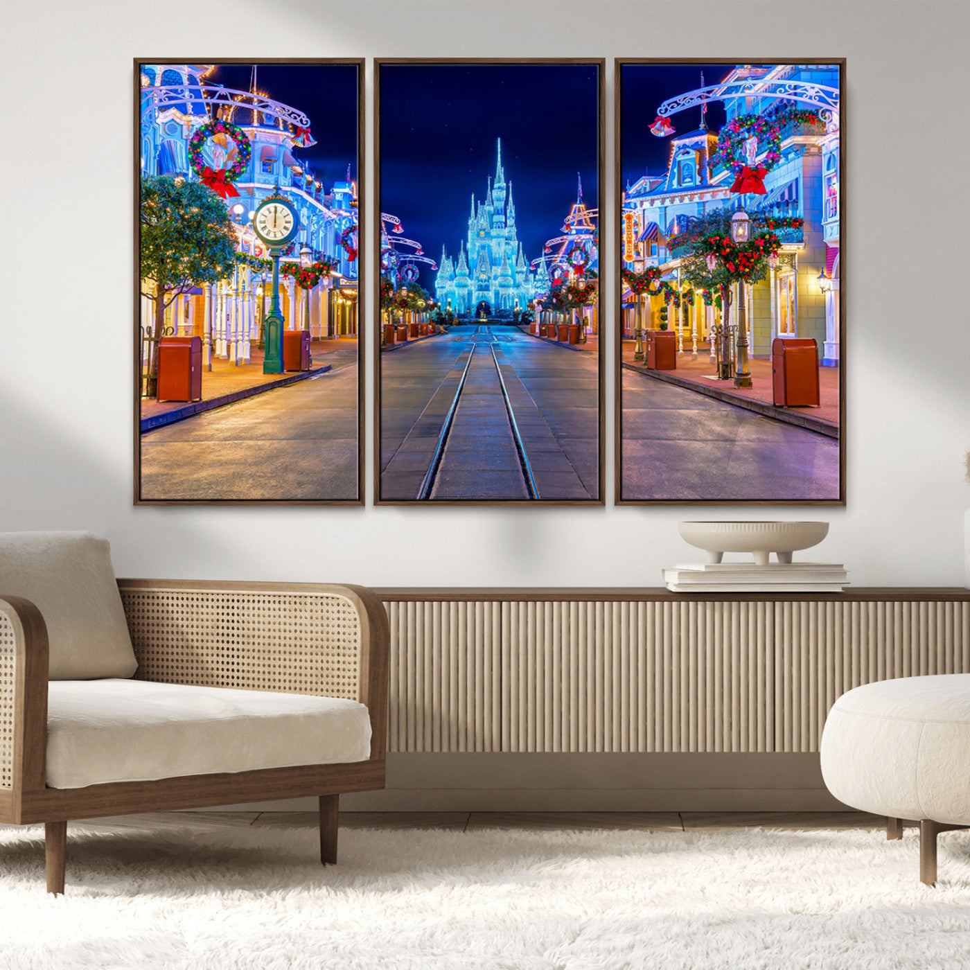 12470-MGV-FC-48X32-3P_Walnut-Disney Castle Wall Art – Large Magic Kingdom Canvas Artwork, Fairytale Design, Kids Room Christmas Decor for Home, Office