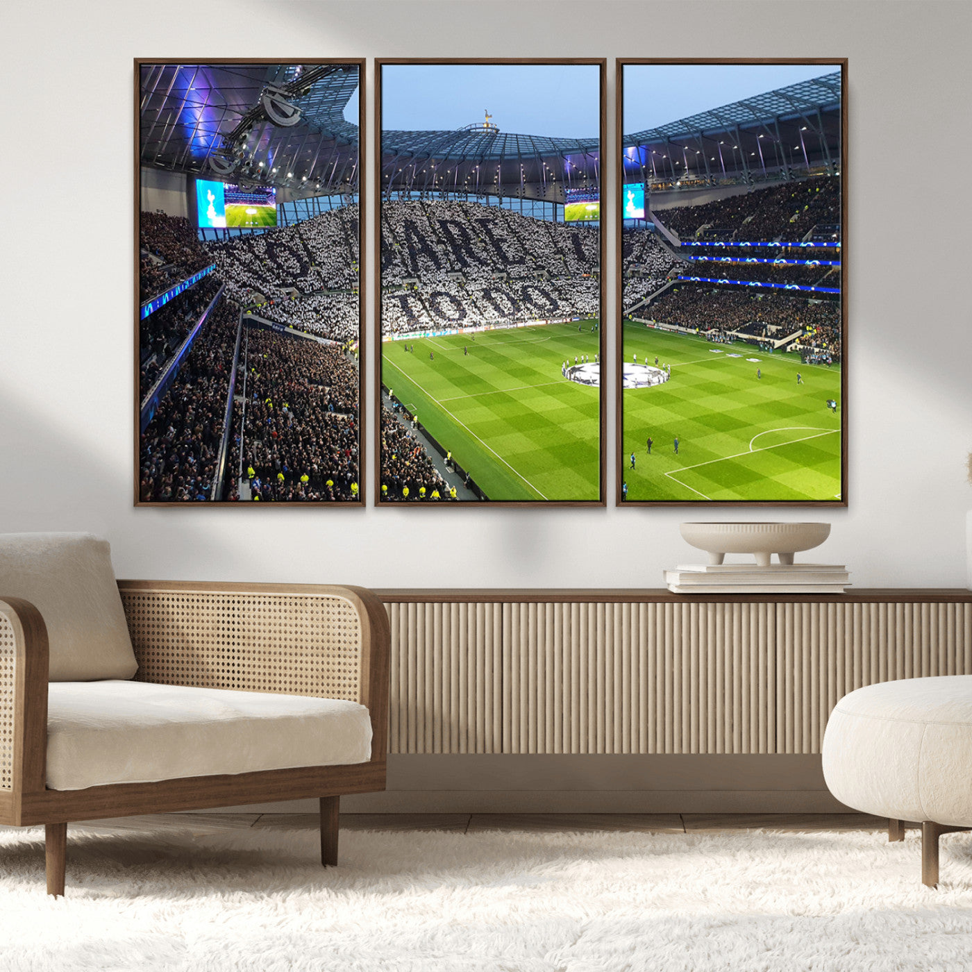 38765-MGV-FC-48X32-3P_Walnut-Tottenham Hotspur Stadium Canvas Print, Match Day Triple Canvas Wall Art - Premier League Football