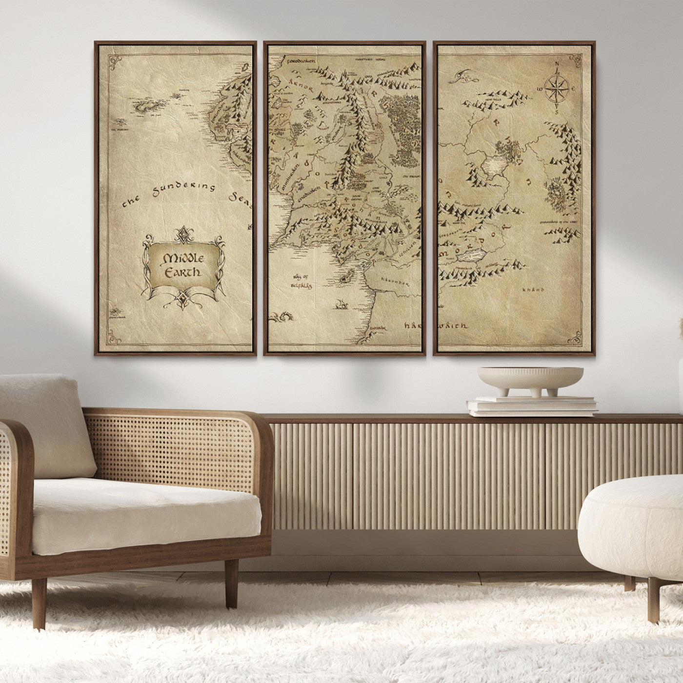 21784-MGV-FC-48X32-3P_Walnut-Vintage Middle Earth Map Wall Art Canvas – Lord of the Rings Inspired Framed Map Print, Classic Fantasy Decor for Home, Office