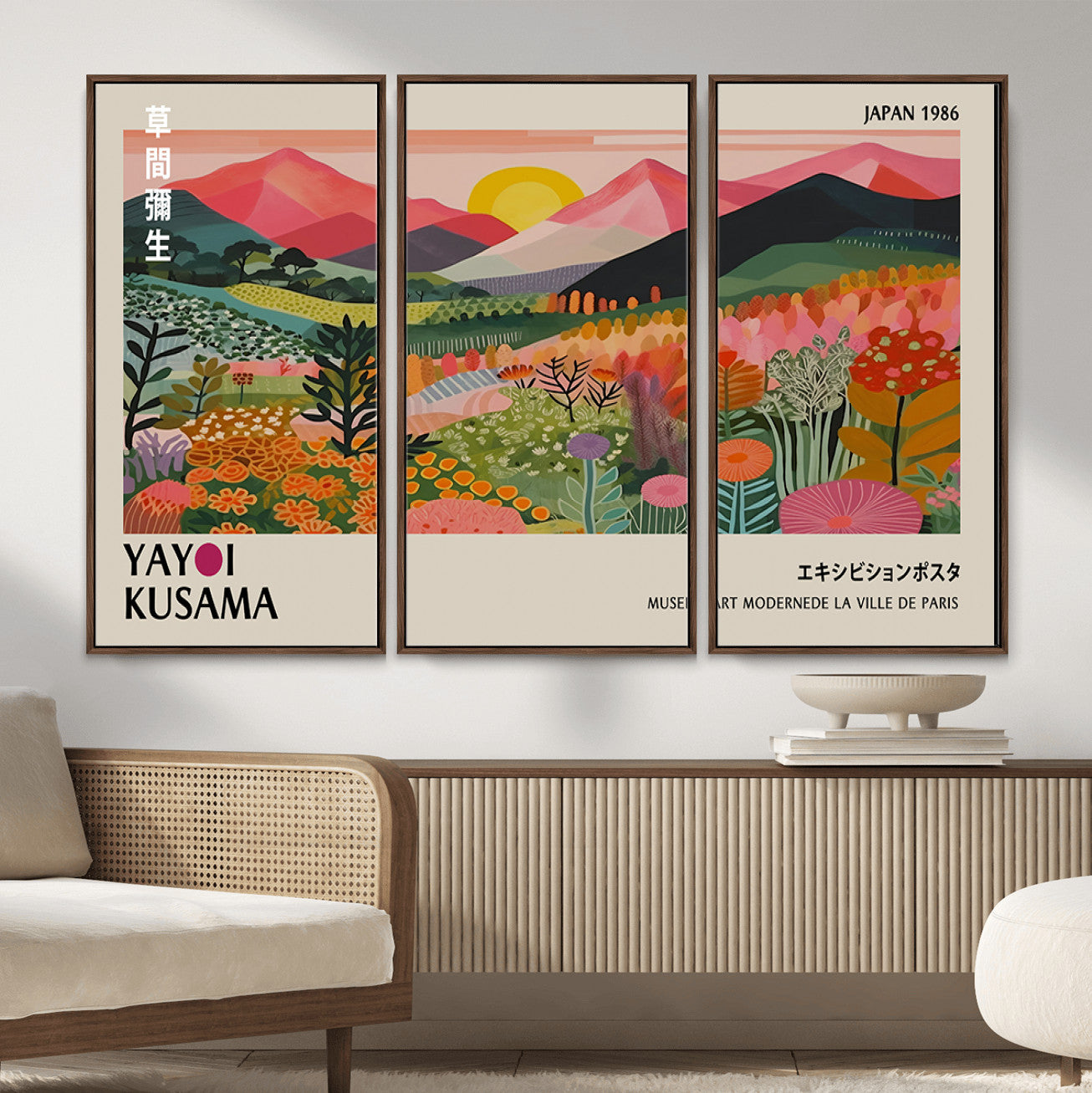 30051-MGV-CV-36X24 - Yayoi Kusama Landscape Canvas Print, Vibrant Floral Mountain Art Print, Framed Botanical Wall Art