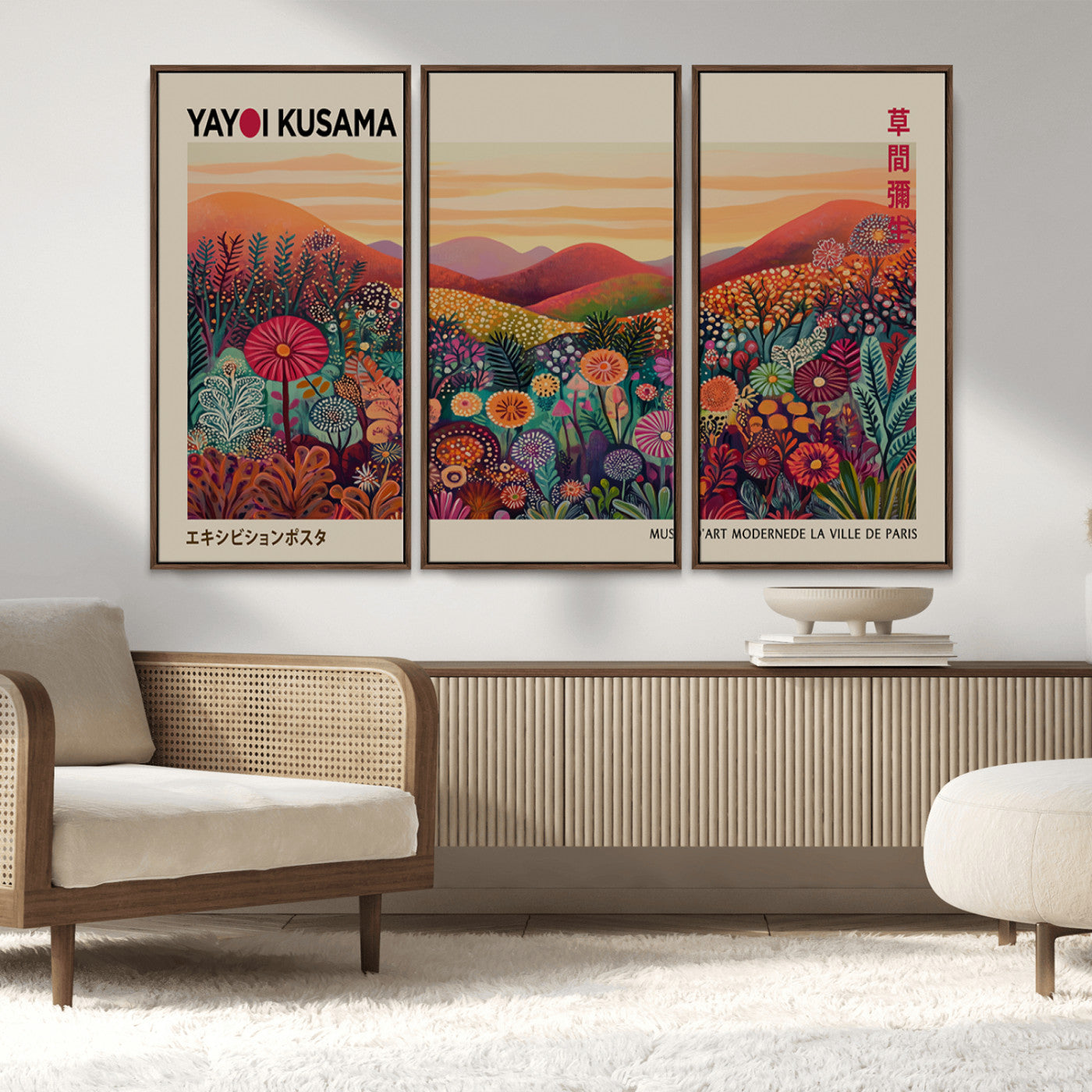 66096-MGV-FC-48X32-3P_Walnut-Framed Yayoi Kusama 1986 Wall Art Print – Japanese Wall Art Print, Wabi Sabi Yayoi Kusama Print -