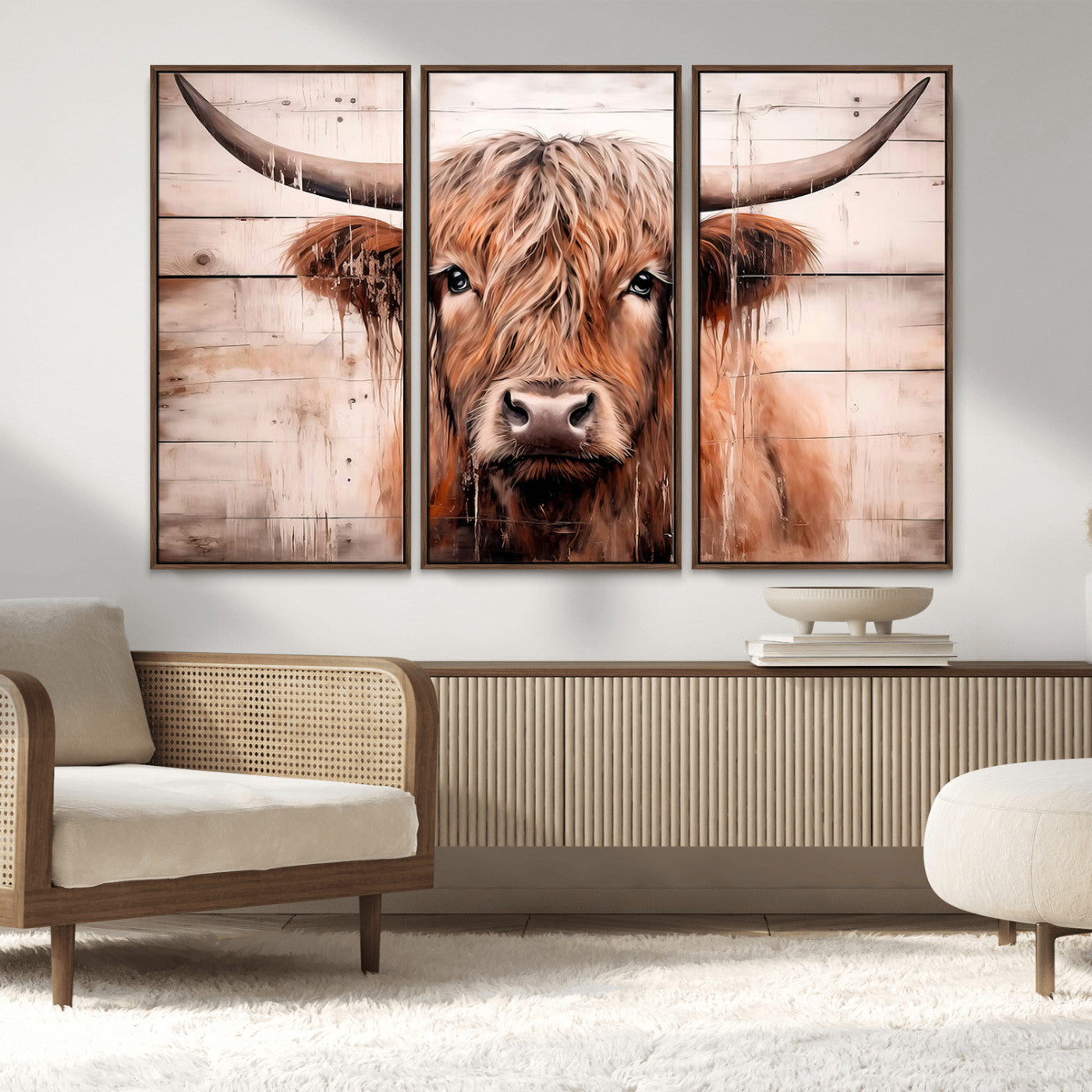 93730-MGV-FC-48X32-3P_Walnut-Vintage Scottish Highland Cow Cattle Art Print Farmhouse Wall Art Canvas Print