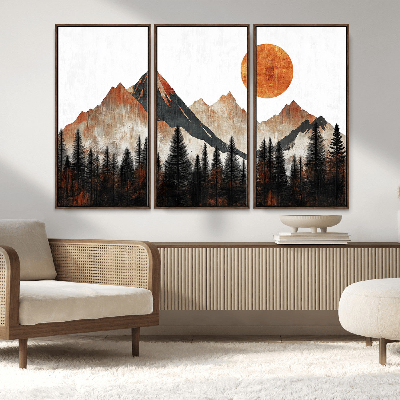 71366-MGV-FC-48X32-3P_Walnut-Modern Abstract Mountain Canvas Wall Art Print, Abstract Landscape Print, Rustic Sun and Mountains