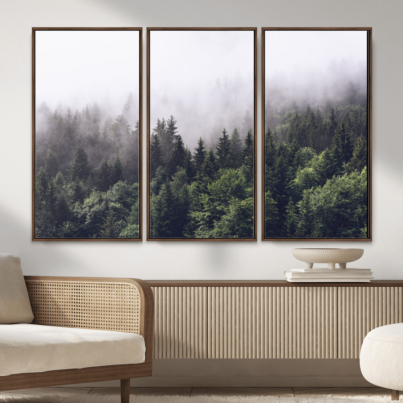 42578900-MGV-CV-36X24 - Misty Forest Canvas Wall Art – Serene Triptych Nature Print – Woodland Landscape Decor for Living