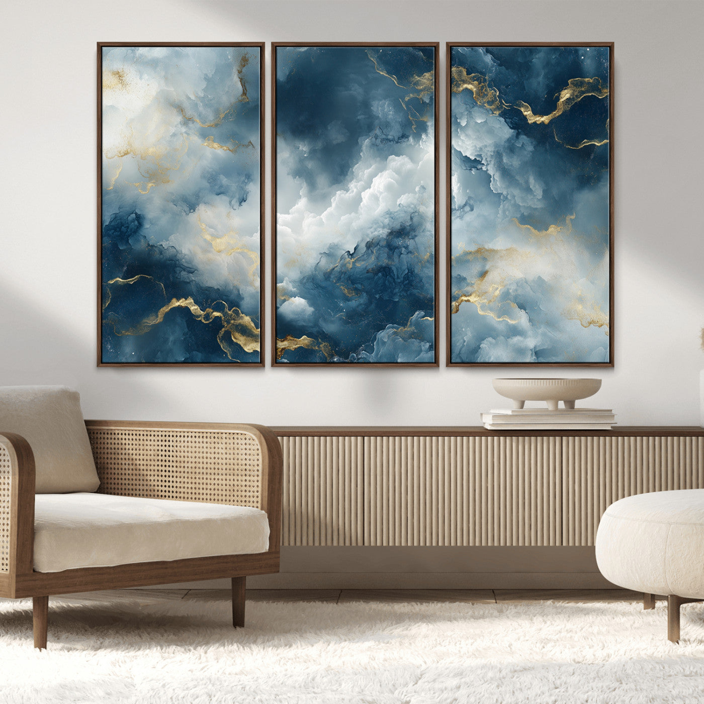 48298-MGV-FC-48X32-3P_Walnut-Large Abstract Print - Luxe Blue and Gold Abstract Canvas Wall Art - Bold Cloudscape Canvas for