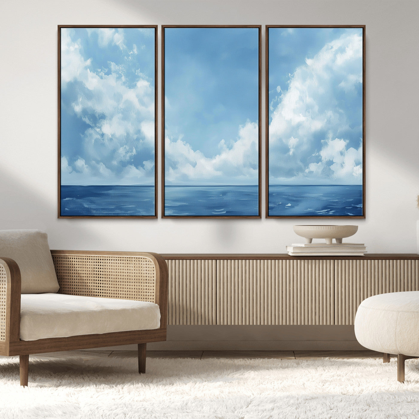 57554-MGV-FC-48X32-3P_Walnut-Abstract Ocean Print Artwork- Serene Blue Ocean Canvas Wall Art - Minimalist Ocean and Sky Canvas