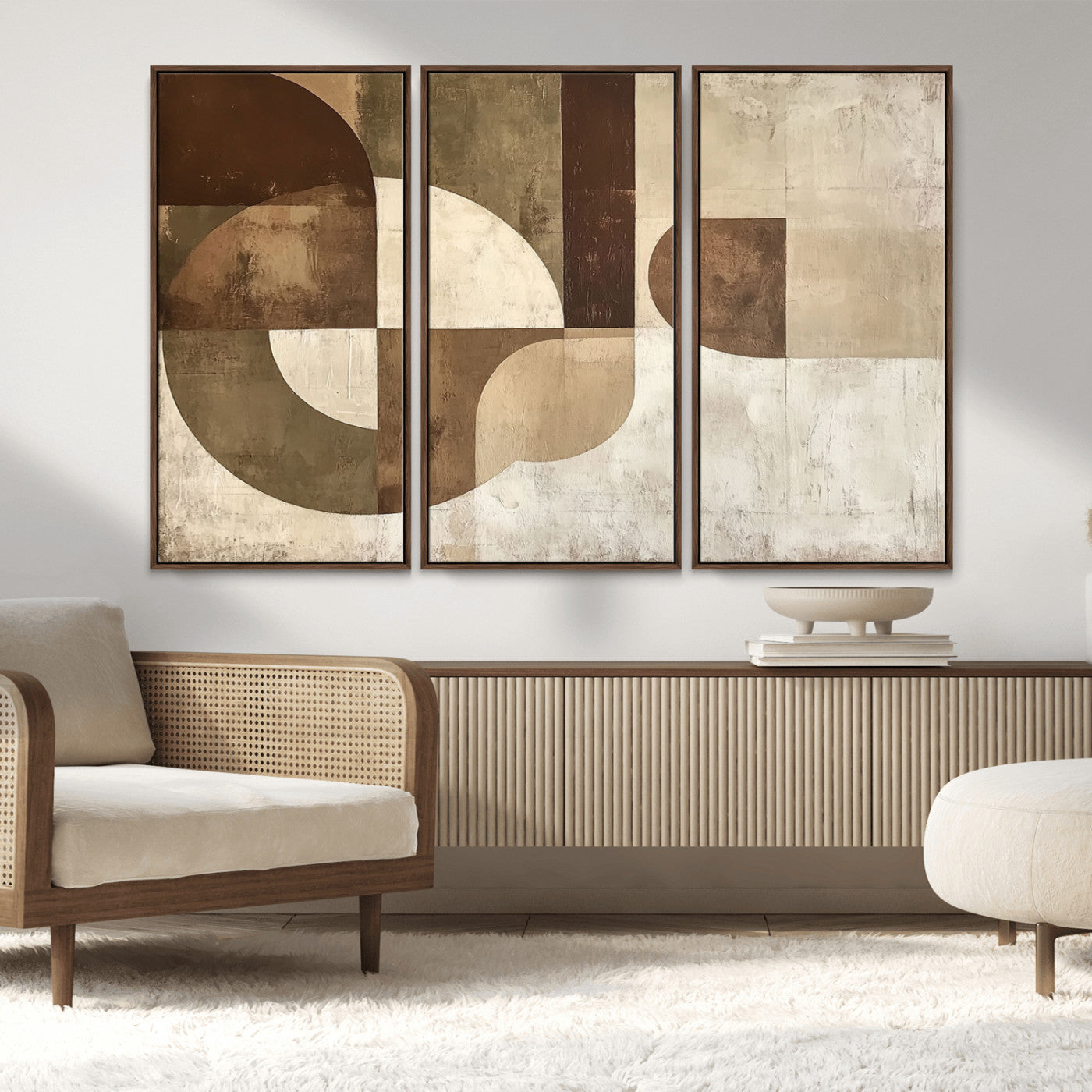 59767-MGV-FC-48X32-3P_Walnut-Wabi Sabi Geometric Wall Art | Abstract Modern Minimalist Canvas Print with Neutral Mid Century Art