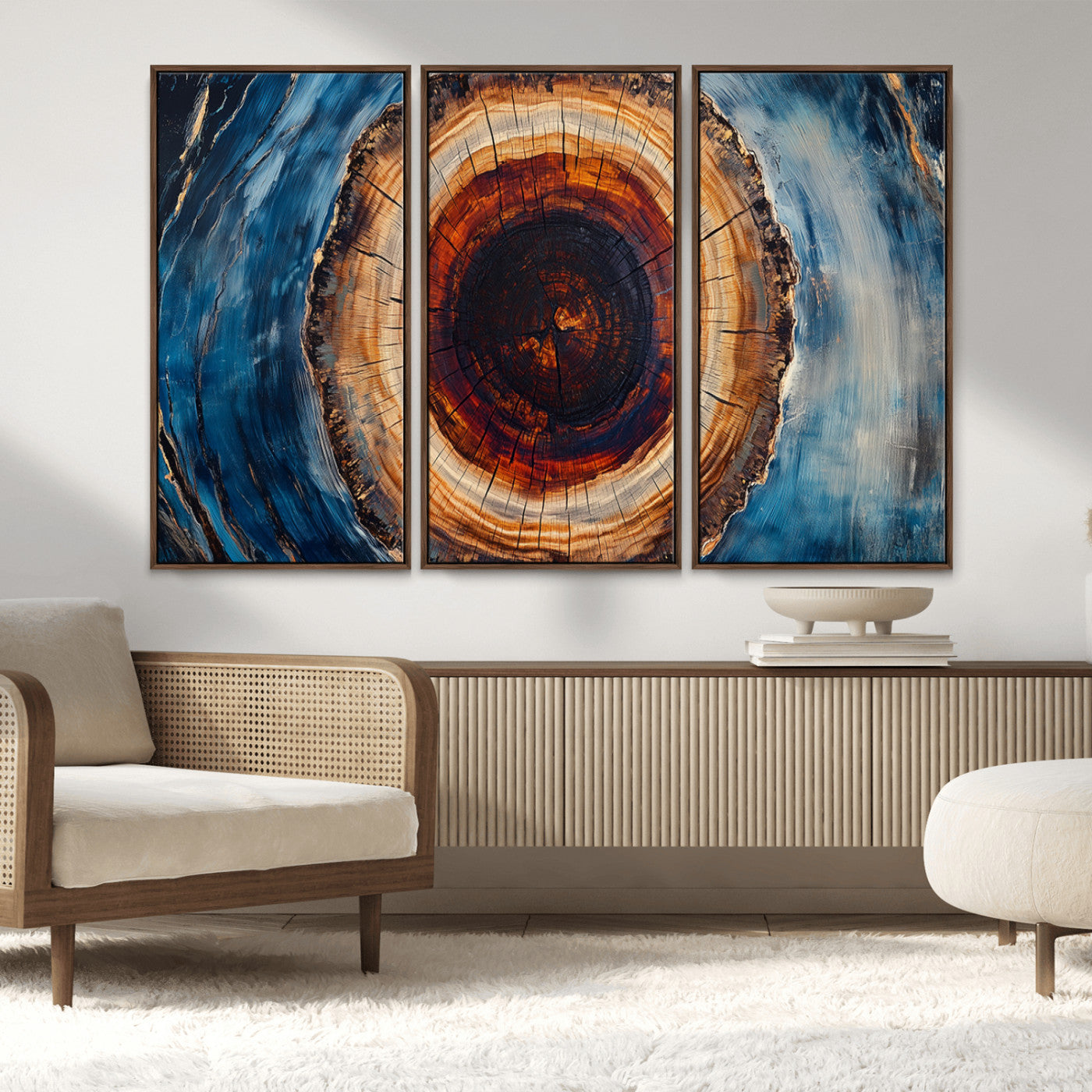 30457-MGV-FC-48X32-3P_Walnut-Framed Abstract Tree Ring Wall Art Print, Natural Rustic Wood Texture Canvas Print, Wood Tree Stump