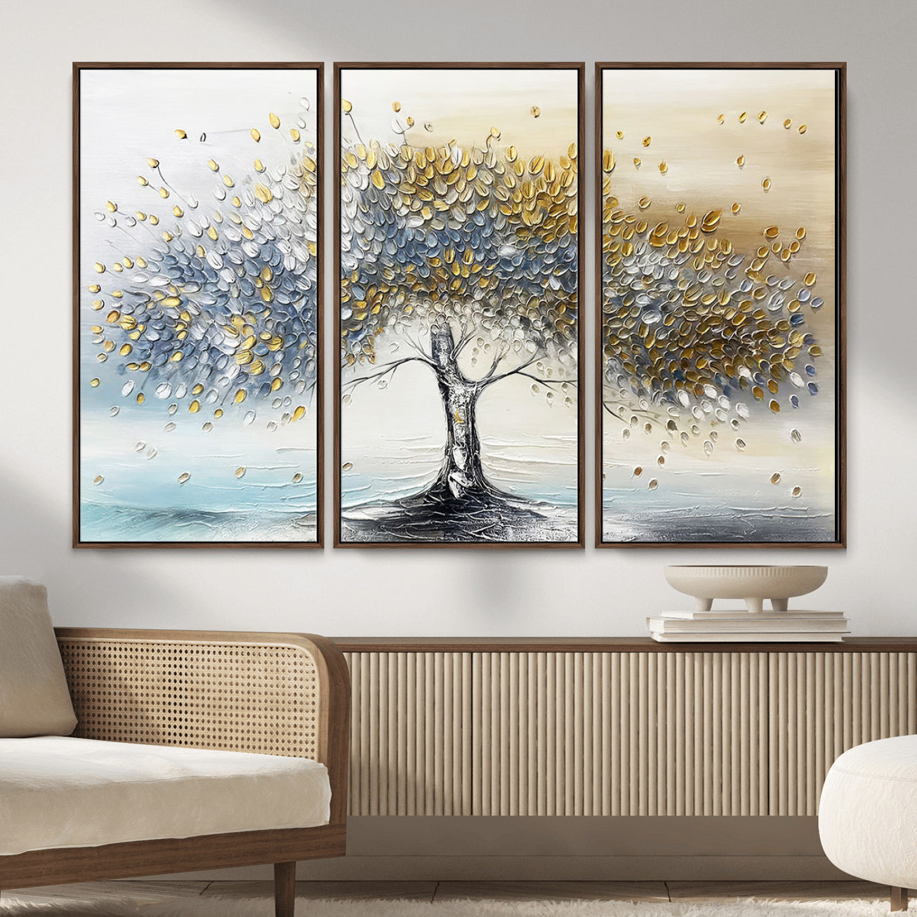 MGV-FC-48X32-3P - Golden & Silver Tree of Life Wall Art – Canvas Print with Whimsical Leaves Elegant Nature Design, Decorative Home, Office or Guest Room Decor