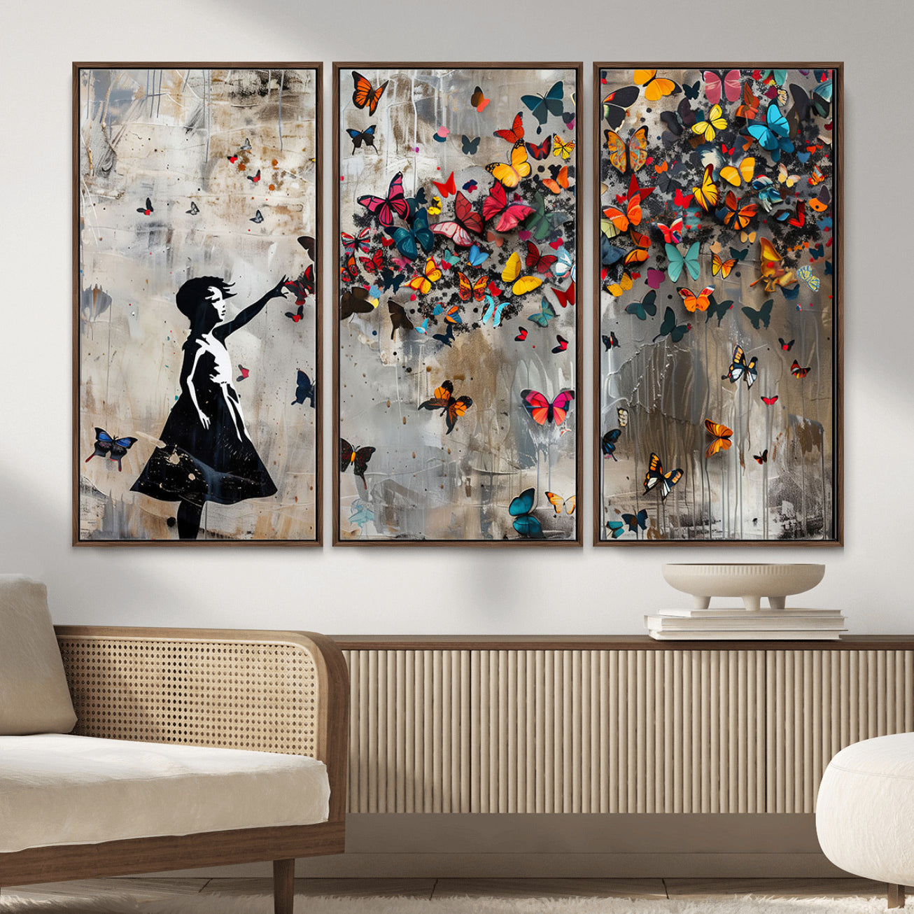 51446-MGV-CV-36X24 - Framed Banksy Butterfly Girl Wall Art ,3-Piece Butterfly Girl Canvas, Modern Graffiti Canvas Print