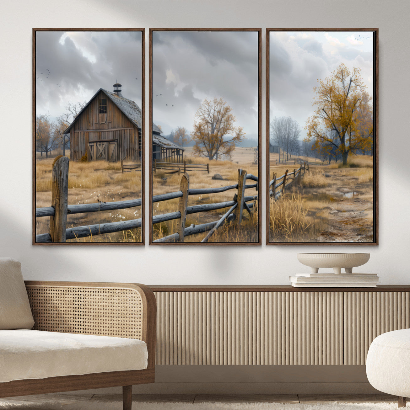 Farm1-MGV-CV-36X24 - Rustic Autumn Farmhouse Wall Art Canvas Print – Serene Countryside Scene with Weathered Barn and