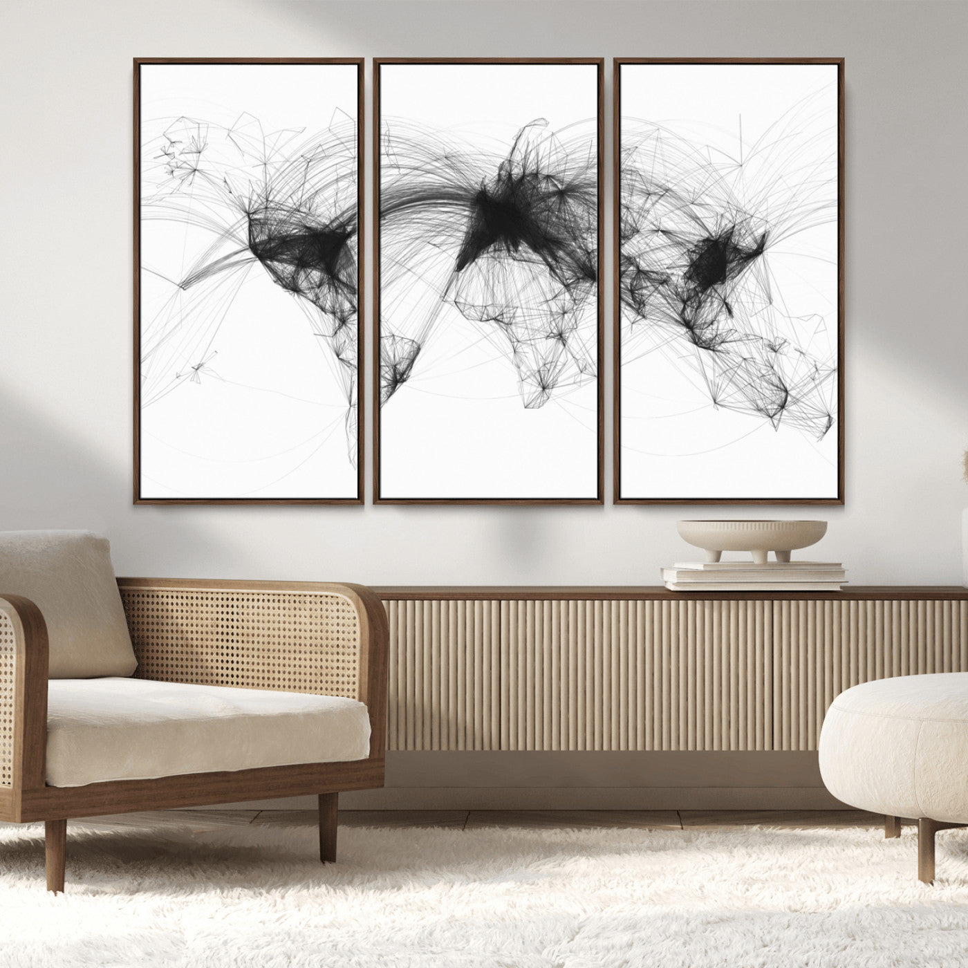 Black-Flight-Routes-MGV-FC-48X32-3P_Walnut-Flight Routes Air Traffic Map Canvas Wall Art - Framed - Ready to Hang