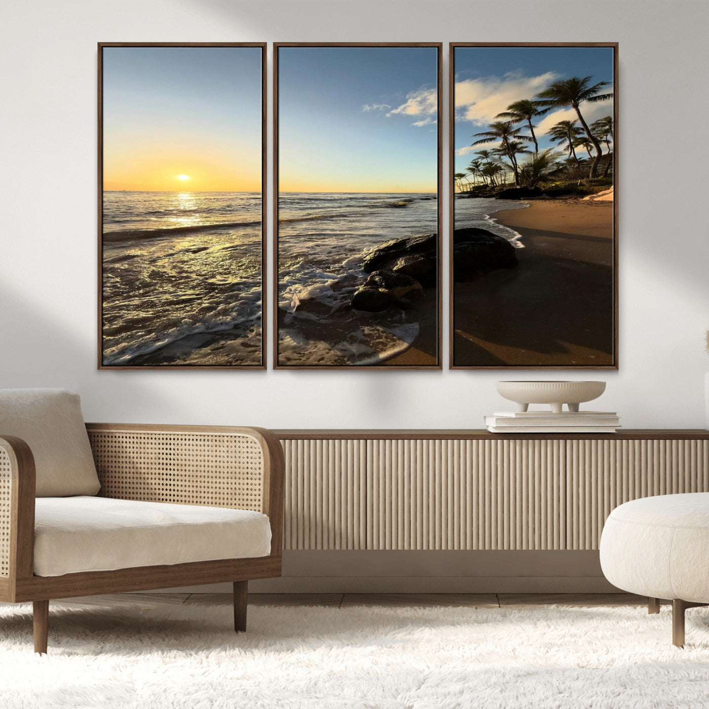 Nadir2-MGV-FC-48X32-3P_Walnut-Tropical Beach Wall Art - Stunning Ocean Sunset Canvas Print with Palm Tree Design for Relaxing and