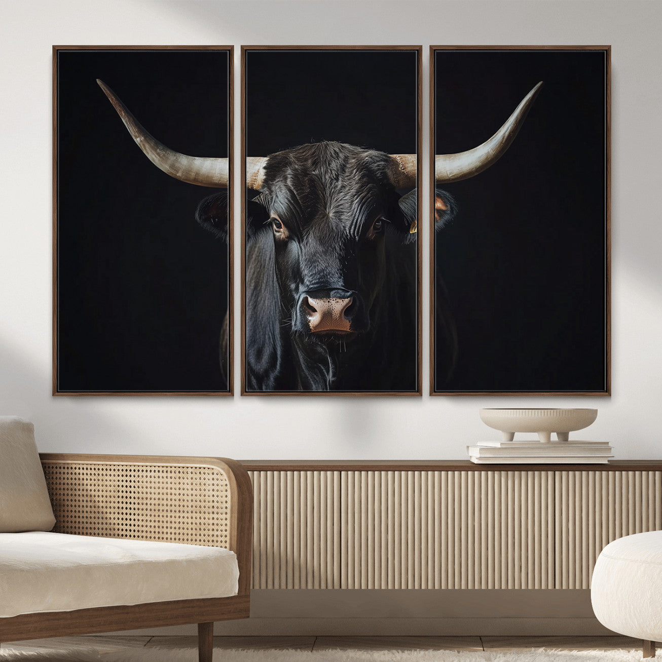 48065167-MGV-CV-36X24 - Texas Longhorn Bull Wall Art Canvas Print – Western Black Bull Art Print for Farmhouse Ranch Decor