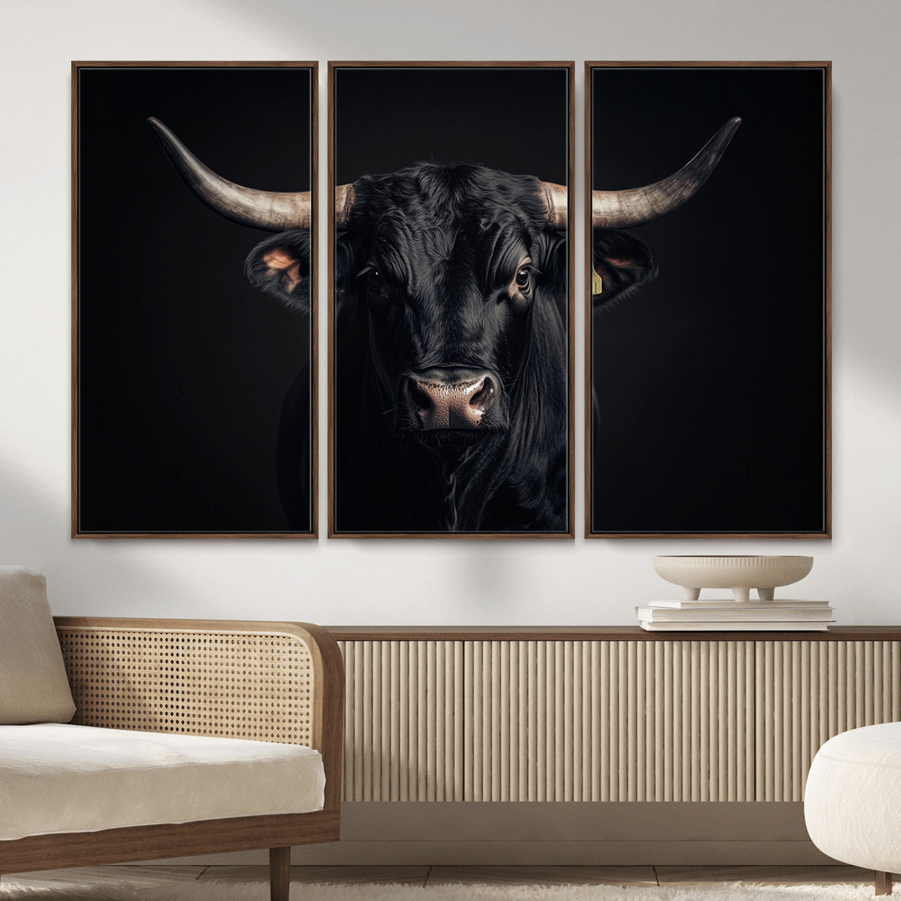 MGV-FC-48X32-3P - Black Bull Wall Art – Framed Horned Bull Canvas Artwork, Western Cattle Design, Rustic Ranch Style Decor for Home, Office