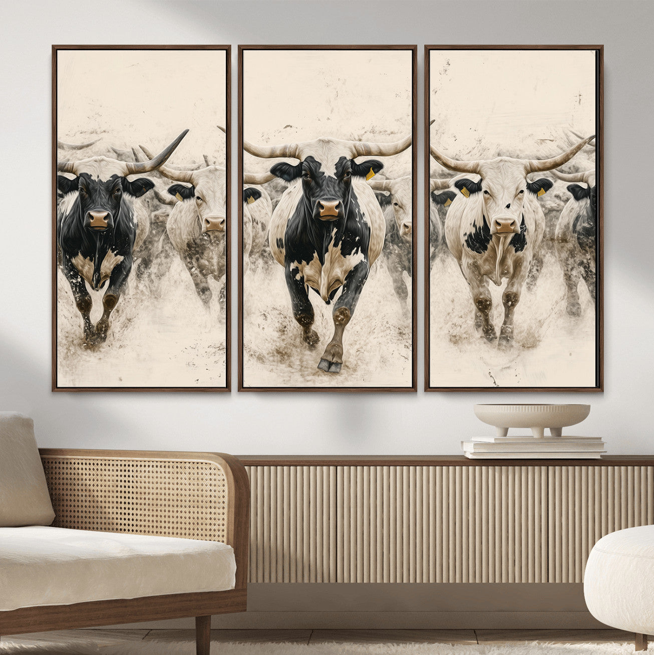 61538944-MGV-FC-48X32-3P_Walnut-Texas Longhorn Wall Art – Framed Cattle Walking Canvas Artwork, Black White Bull Design, Western Ranch Decor for Home, Office