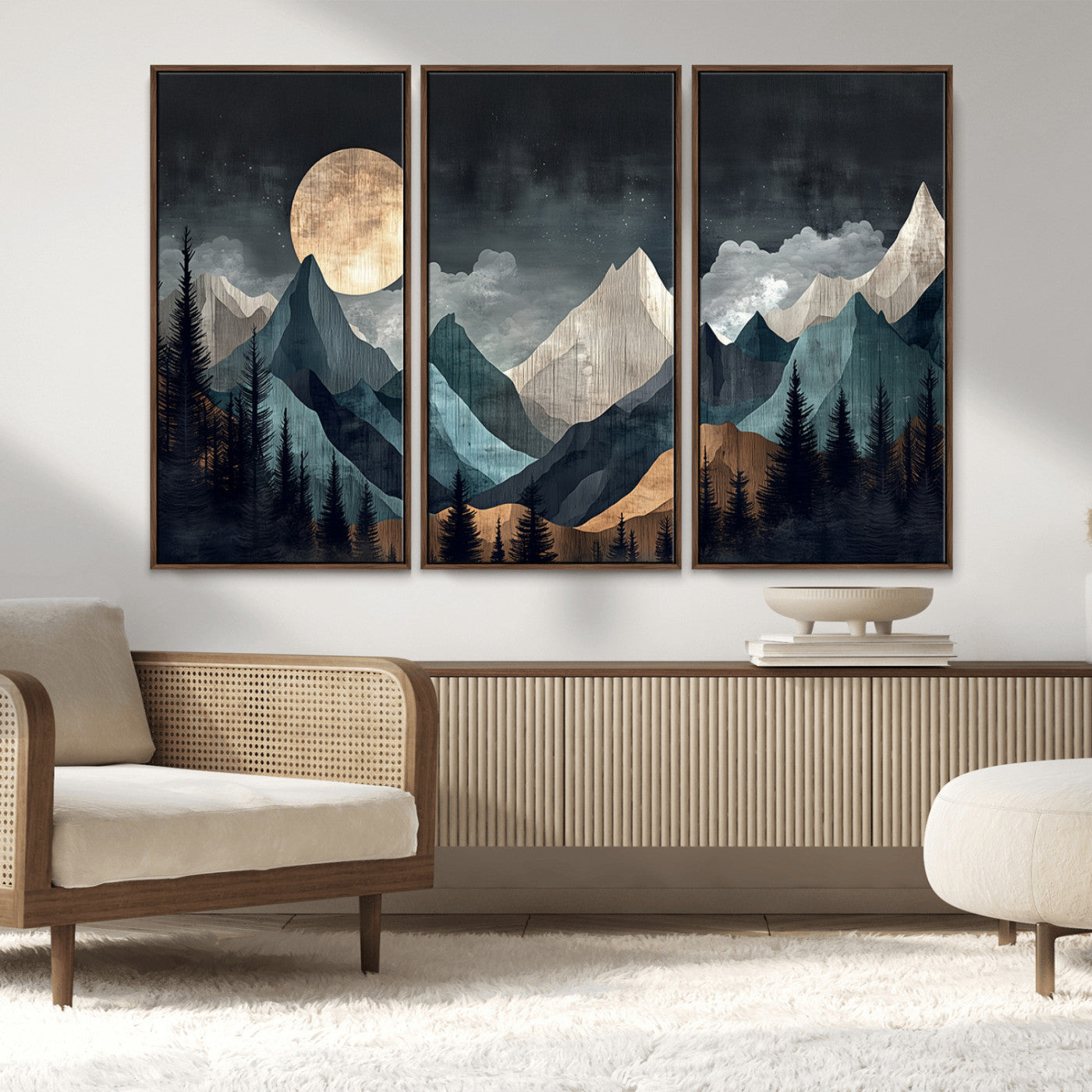 11060882-MGV-FC-48X32-3P_Walnut-Moonlit Mountain Wall Art Canvas Print – Silhouetted Pines Layered Peaks Tranquil Sky Mist Silver Light Nature Artwork for Home