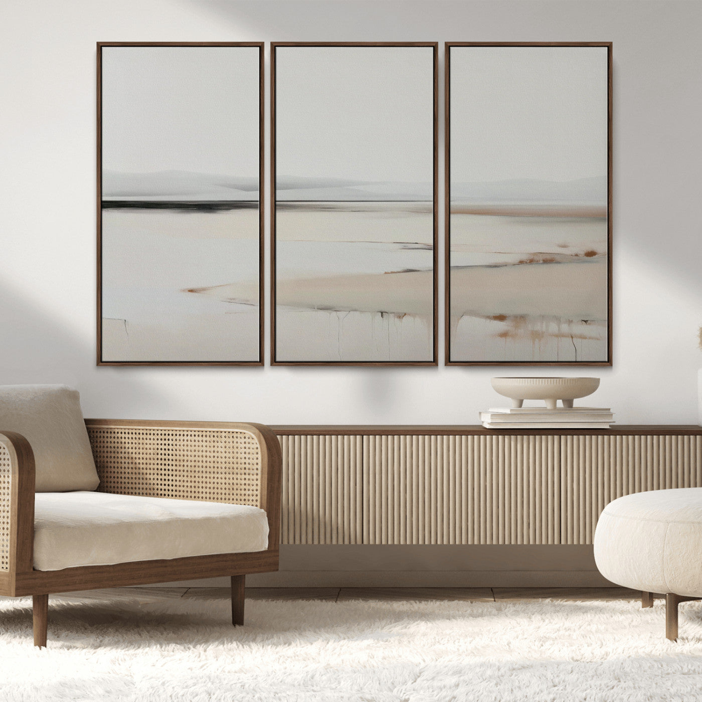 89410095-MGV-CV-36X24-Minimalist Landscape Wall Art Canvas Print – Framed Soft Horizon Abstract Seascape Earthy Tones Artwork for Home Office