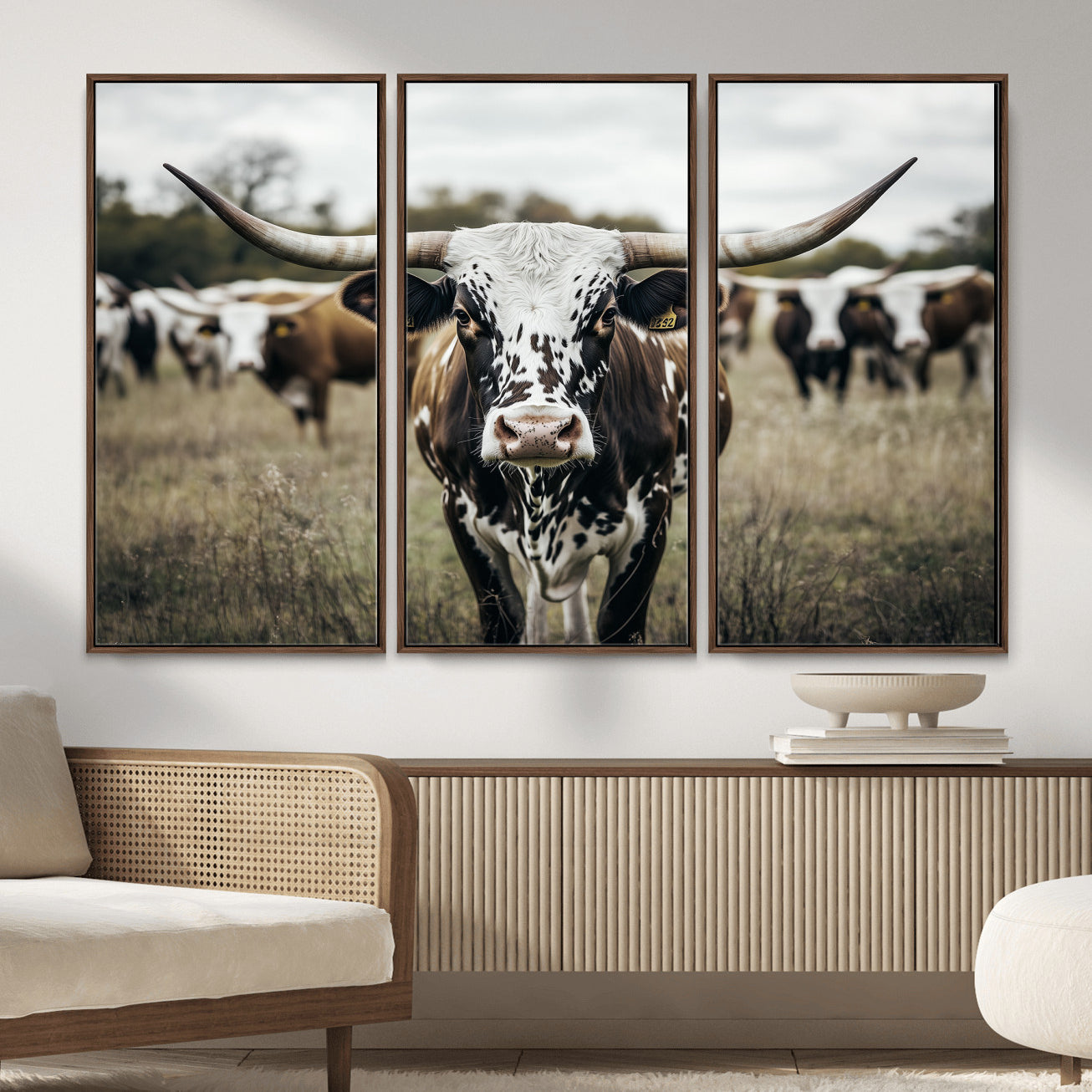 MGV-FC-48X32-3P - Majestic Longhorn Cow Wall Art – Canvas Print of Intricate Fur & Sharp Horns Earthy Tones Serene Landscape, Rustic Charm Decor for Living Room, Office or Bedroom