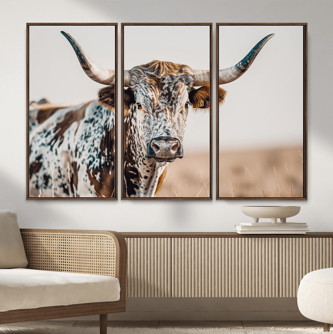 70414966-MGV-FC-48X32-3P_Walnut-Texas Longhorn Wall Art – Framed Speckled Cow Canvas Artwork, Horned Bull Design, Western Ranch Decor for Home, Office