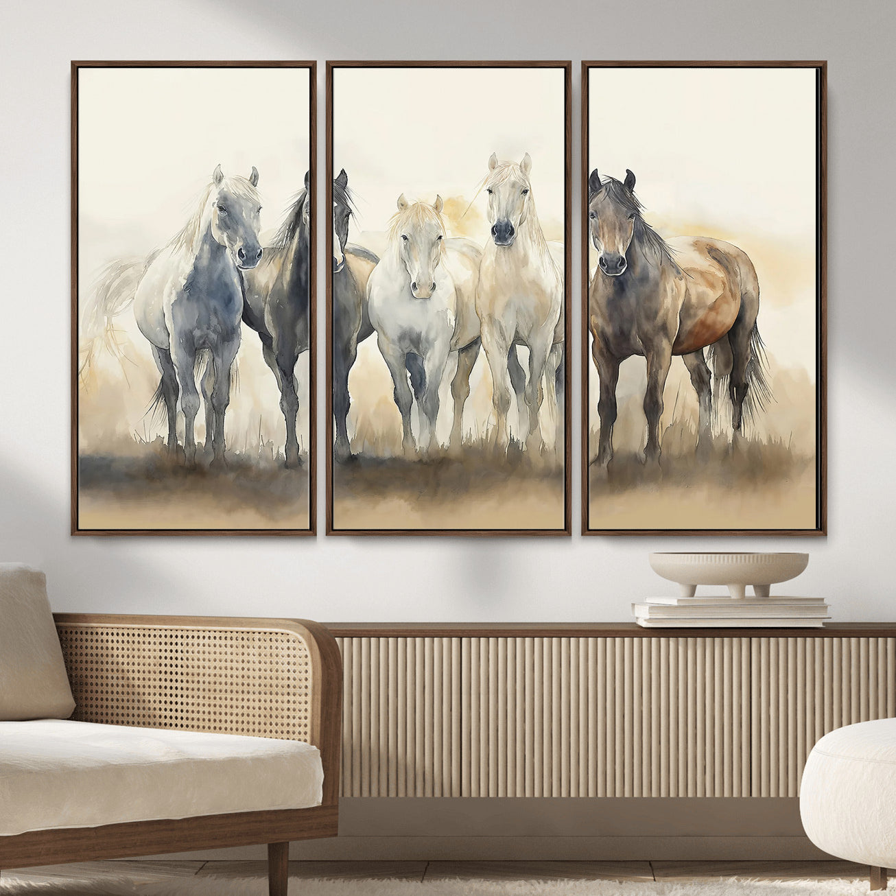 MGV-FC-48X32-3P - Wild Horses Wall Art Canvas Print, Framed Running Horses Art Picture Print, Watercolor Horses Perfect Rustic Western Decor Artwork