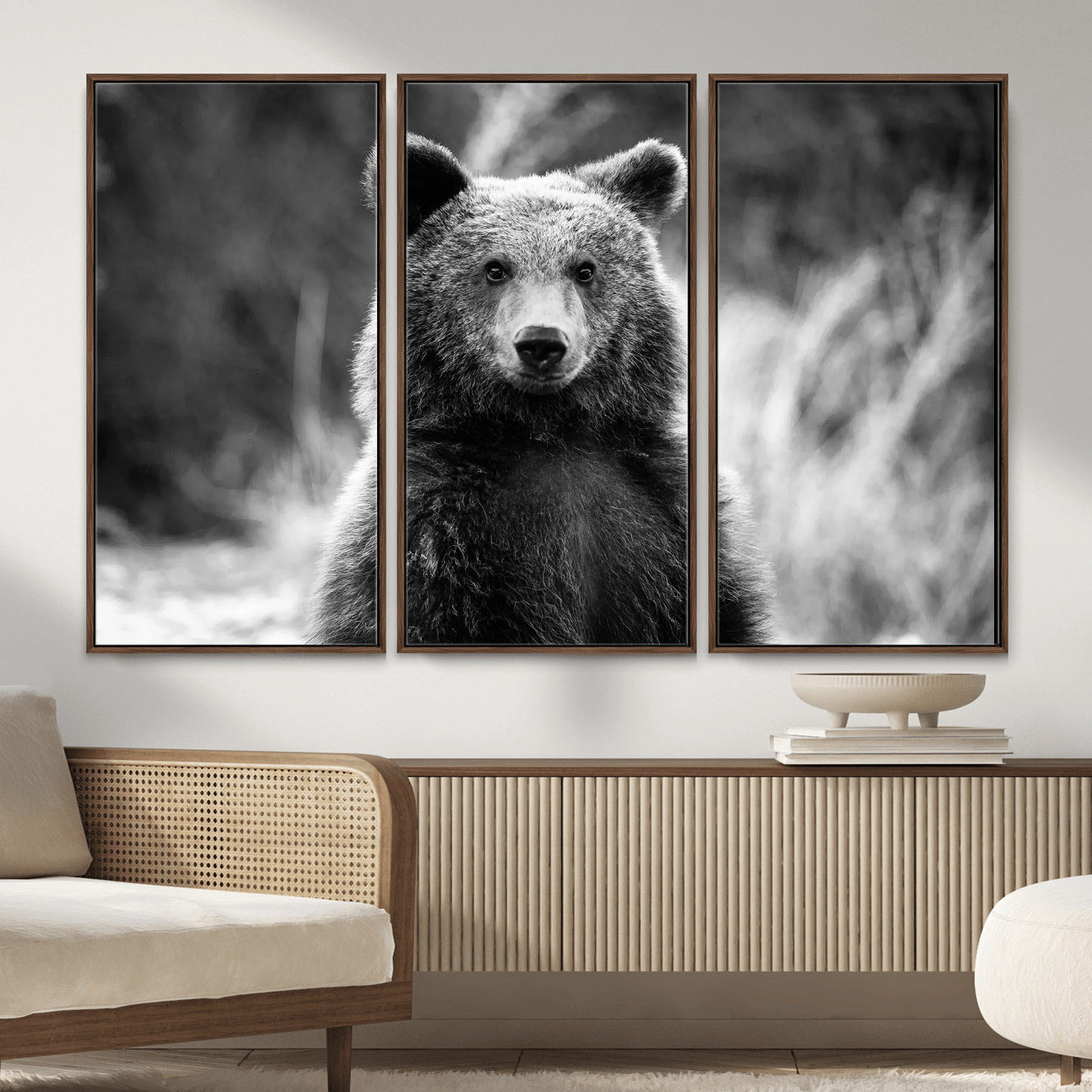 55656803-MGV-FC-48X32-3P_Walnut-Grizzly Bear Wall Art Canvas Print – Framed Black White Wildlife Rustic Nature Artwork for Home, Office Decor