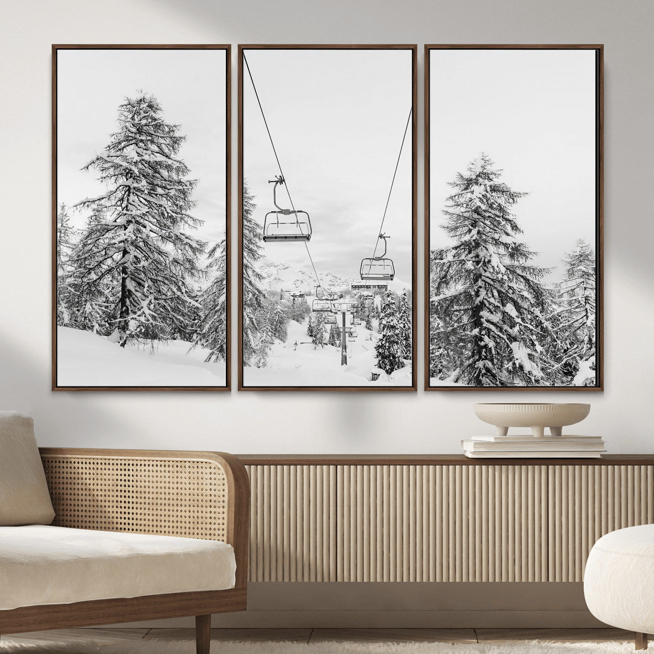 55003599-MGV-CV-36X24 - Snowy Ski Lift Wall Art – Framed Winter Forest Canvas Artwork, Peaceful Mountain Design, Modern Nature Decor for Home, Office