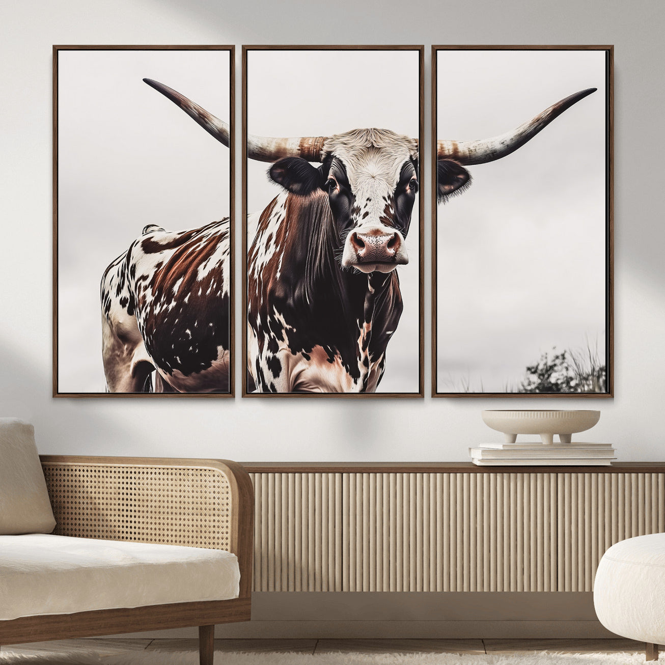 95249234-MGV-FC-48X32-3P_Walnut-Texas Longhorn Wall Art Canvas Print – Framed Spotted Bull Scene with Horned Cattle Artwork for Home, Office
