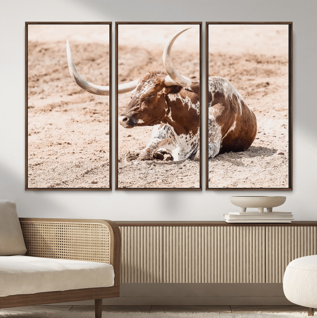 91248682-MGV-CV-36X24-Texas Longhorn Wall Art Canvas Print – Framed Resting Bull Scene with Spotted Cattle Artwork for Home, Office