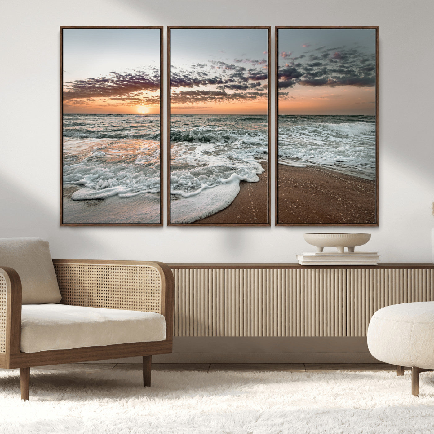 40632752-MGV-FC-48X32-3P_Walnut-Ocean Sunset Wall Art Canvas Print – Framed Beach Waves Scene with Coastal Artwork for Home, Office, Living Room