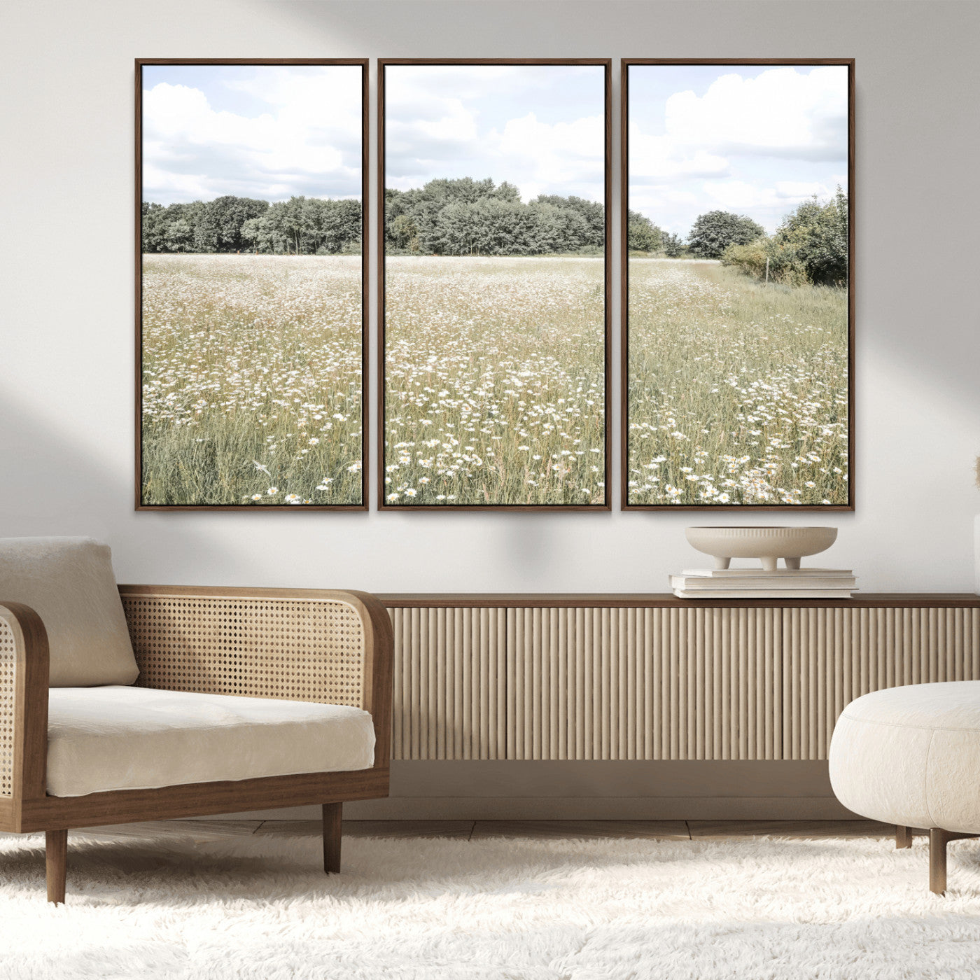 43258946-MGV-FC-48X32-3P_Walnut-Charming Daisy Field Wall Art Canvas Print – Framed Pastel Flower Meadow Bloom Scandinavian Minimal Artwork for Home Office