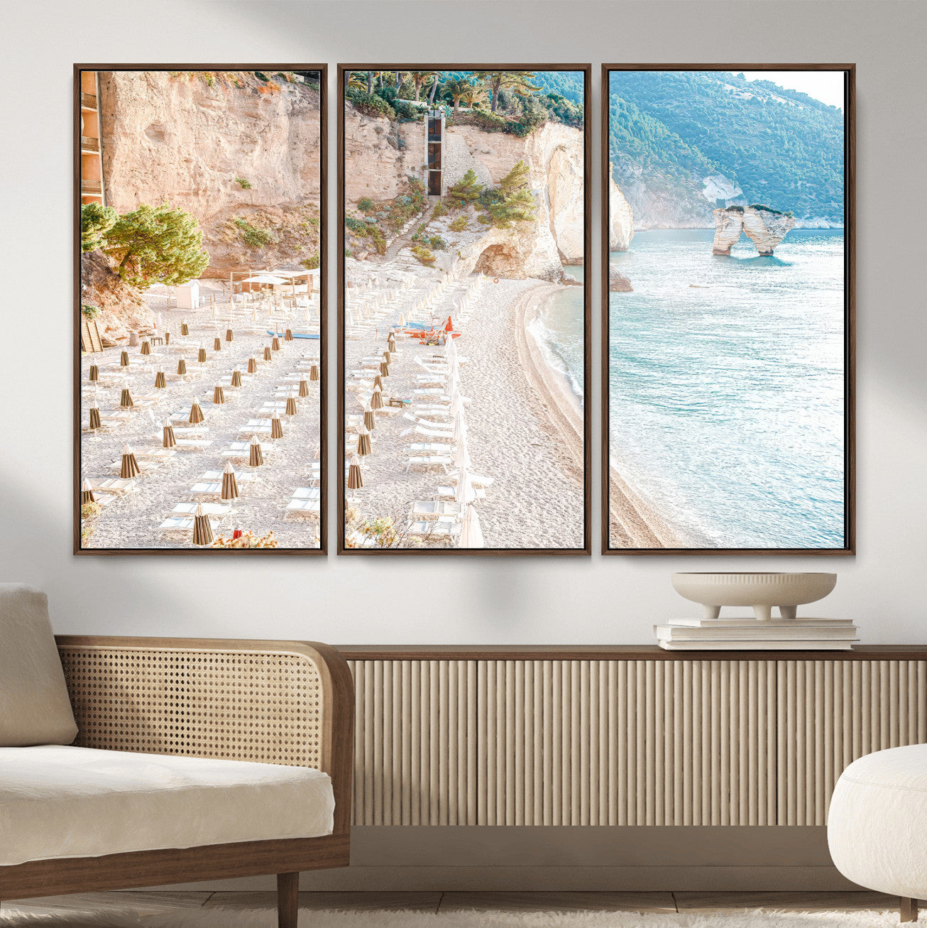 84816639-MGV-CV-36X24 - Sunny Beach Wall Art – Chairs & Umbrellas Canvas Print, Clear Water, Rocky Cliffs, Coastal Calm for Living Room or Vacation Home Decor