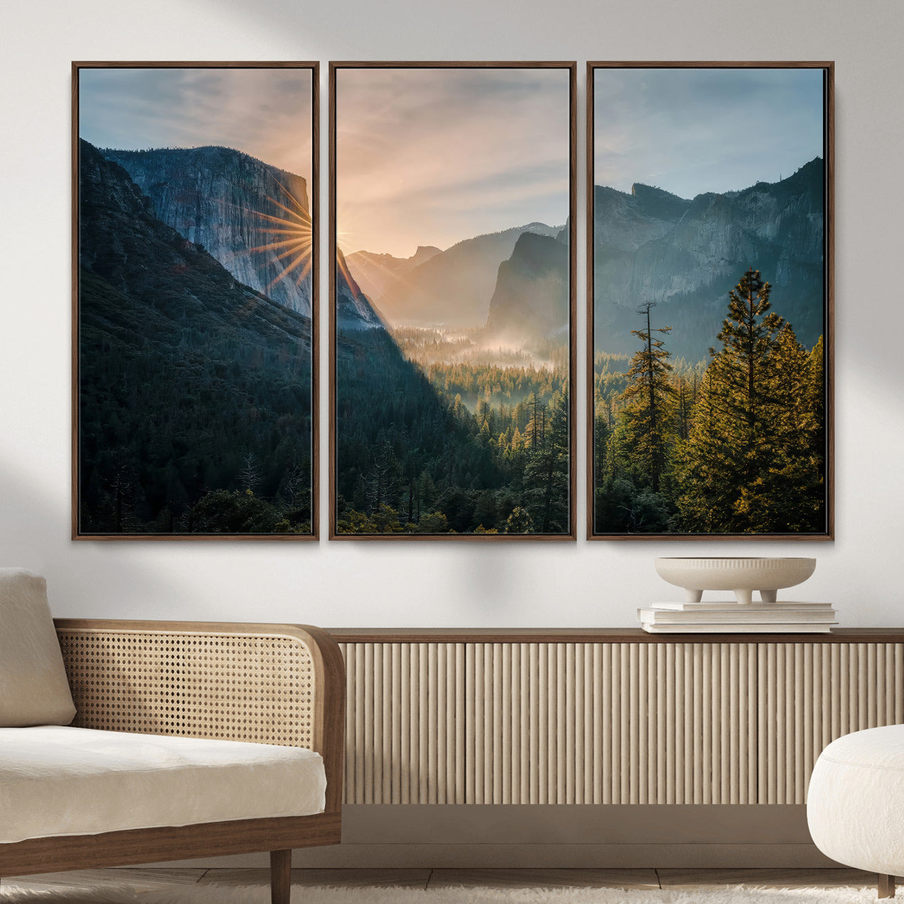 51605481-MGV-CV-36X24 - Yosemite Valley Wall Art – Misty Forest Peaks Canvas Print, Radiant Light, Tranquil Nature Landscape for Living Room or Cabin Decor