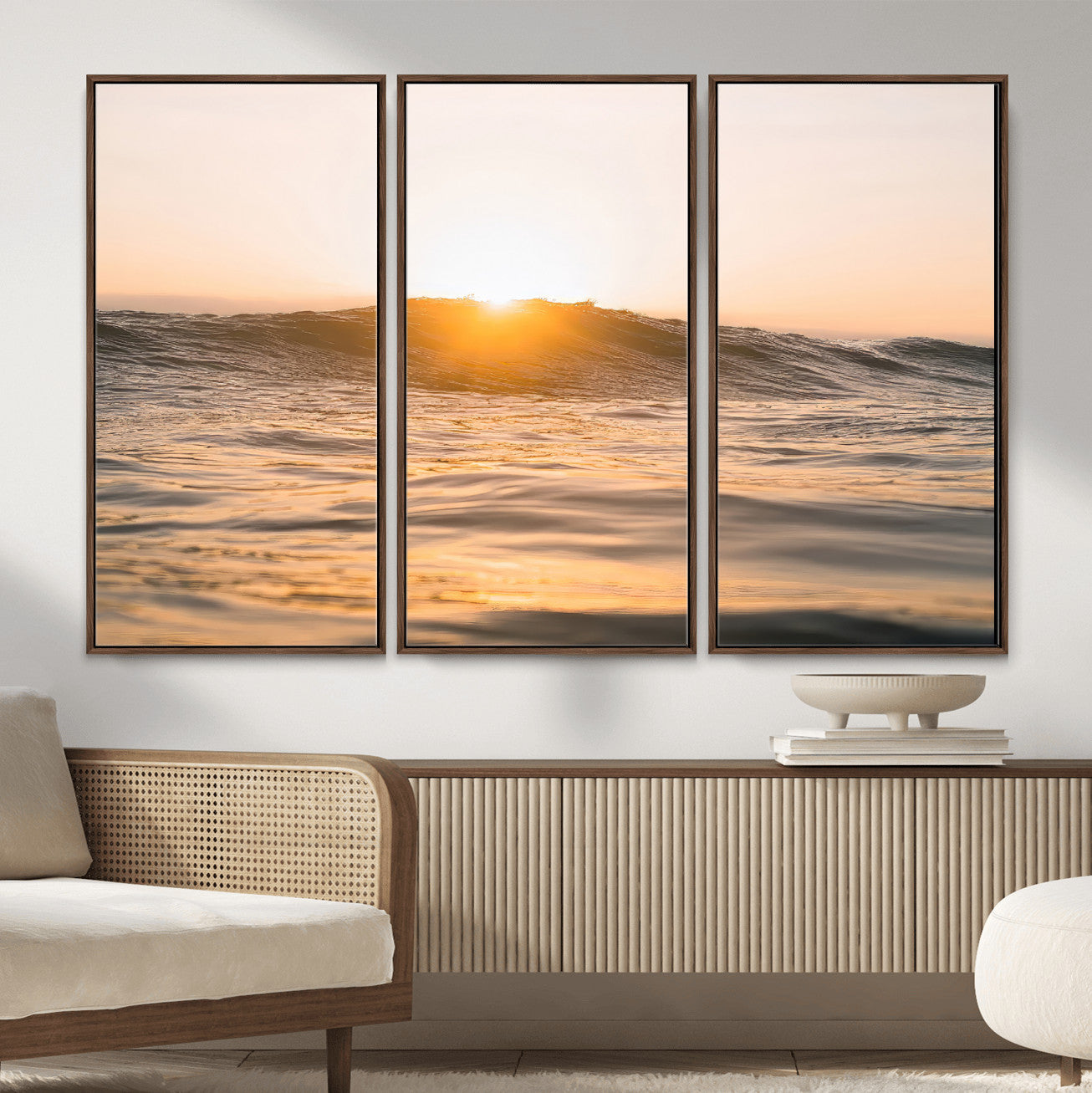 16973771-MGV-FC-48X32-3P_Walnut-Calm Water Wall Art – Framed Sunset Waves Canvas Artwork, Coastal Warm Design, Minimal Ocean Decor for Home, Office