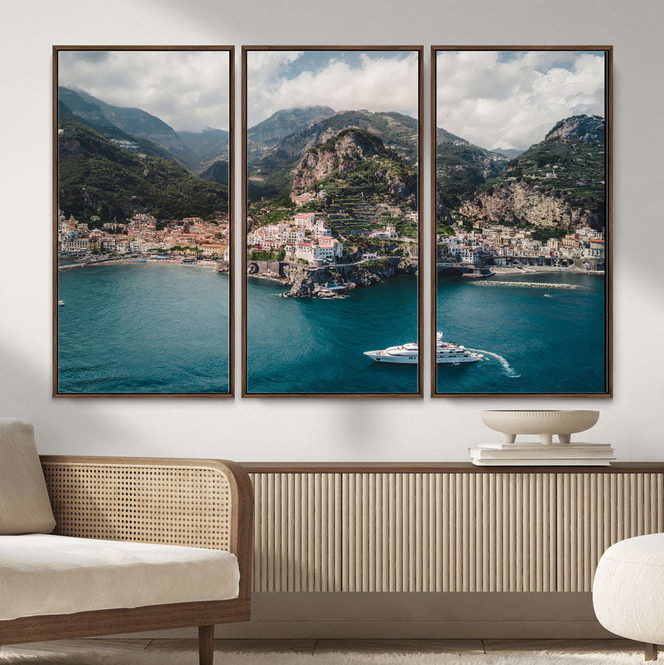 20321590-MGV-FC-48X32-3P_Walnut-Amalfi Coast Wall Art – Framed Italian Seaside Canvas Artwork, Mediterranean Landscape Design, Coastal Decor for Home, Office