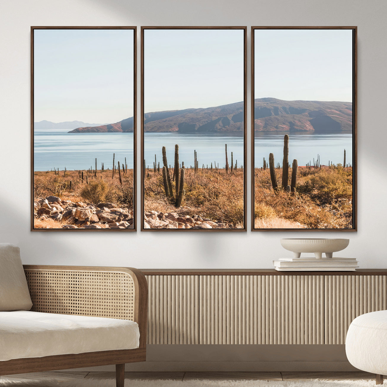 MGV-FC-48X32-3P - Desert Cactus Wall Art Canvas Print, Framed Baja Coastline Art Picture Print, Coastal Desert Perfect Southwestern Minimalist Decor Artwork