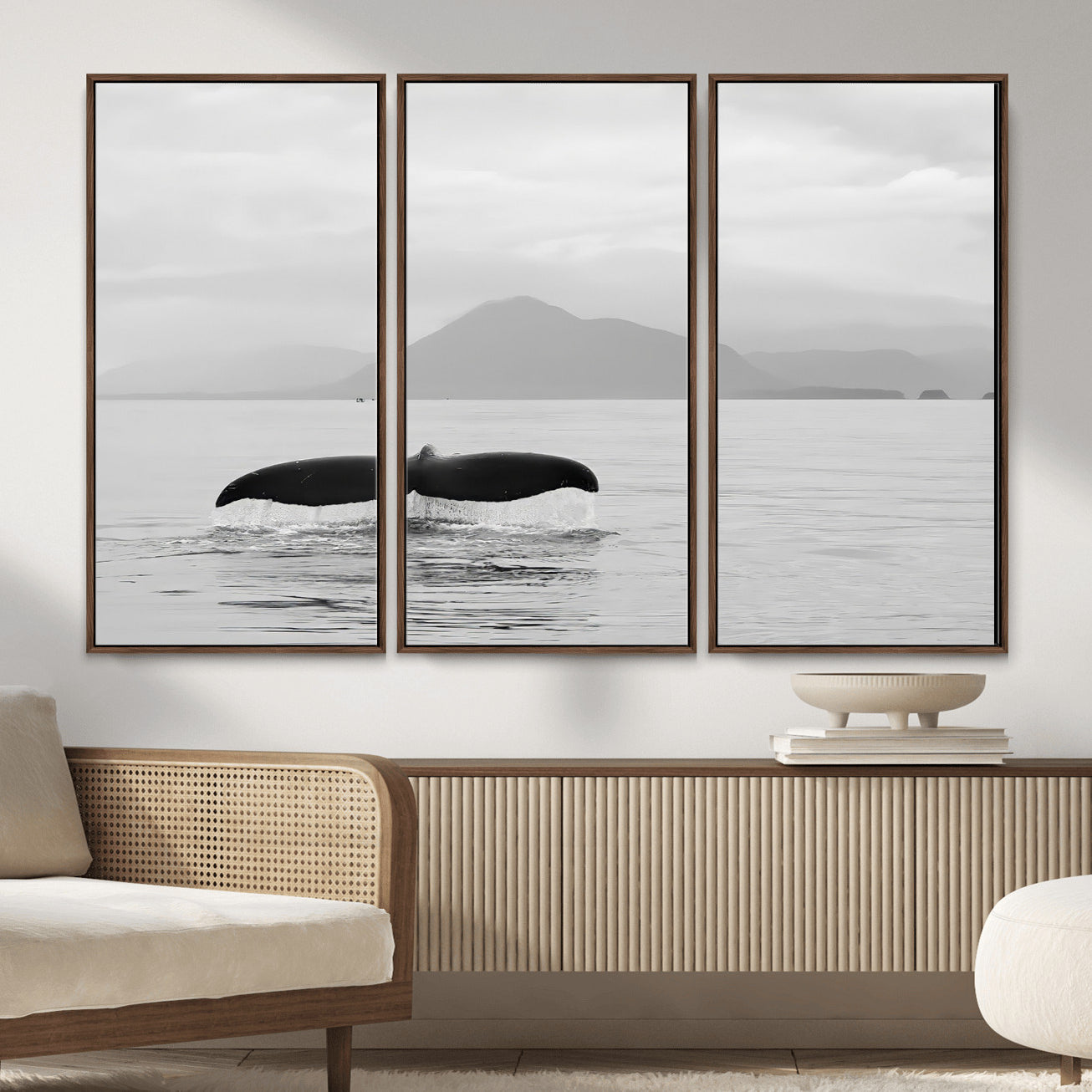 MGV-FC-48X32-3P - Whale Tail Wall Art Canvas Print, Framed Black White Ocean Art Picture Print, Calm Marine Perfect Minimalist Coastal Decor Artwork