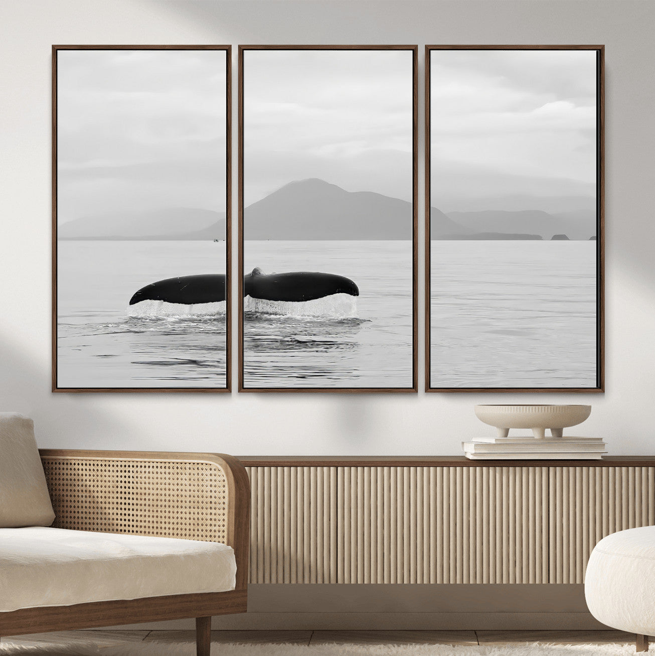 MGV-FC-48X32-3P - Whale Tail Wall Art Canvas Print, Framed Black White Ocean Art Picture Print, Calm Marine Perfect Minimalist Coastal Decor Artwork